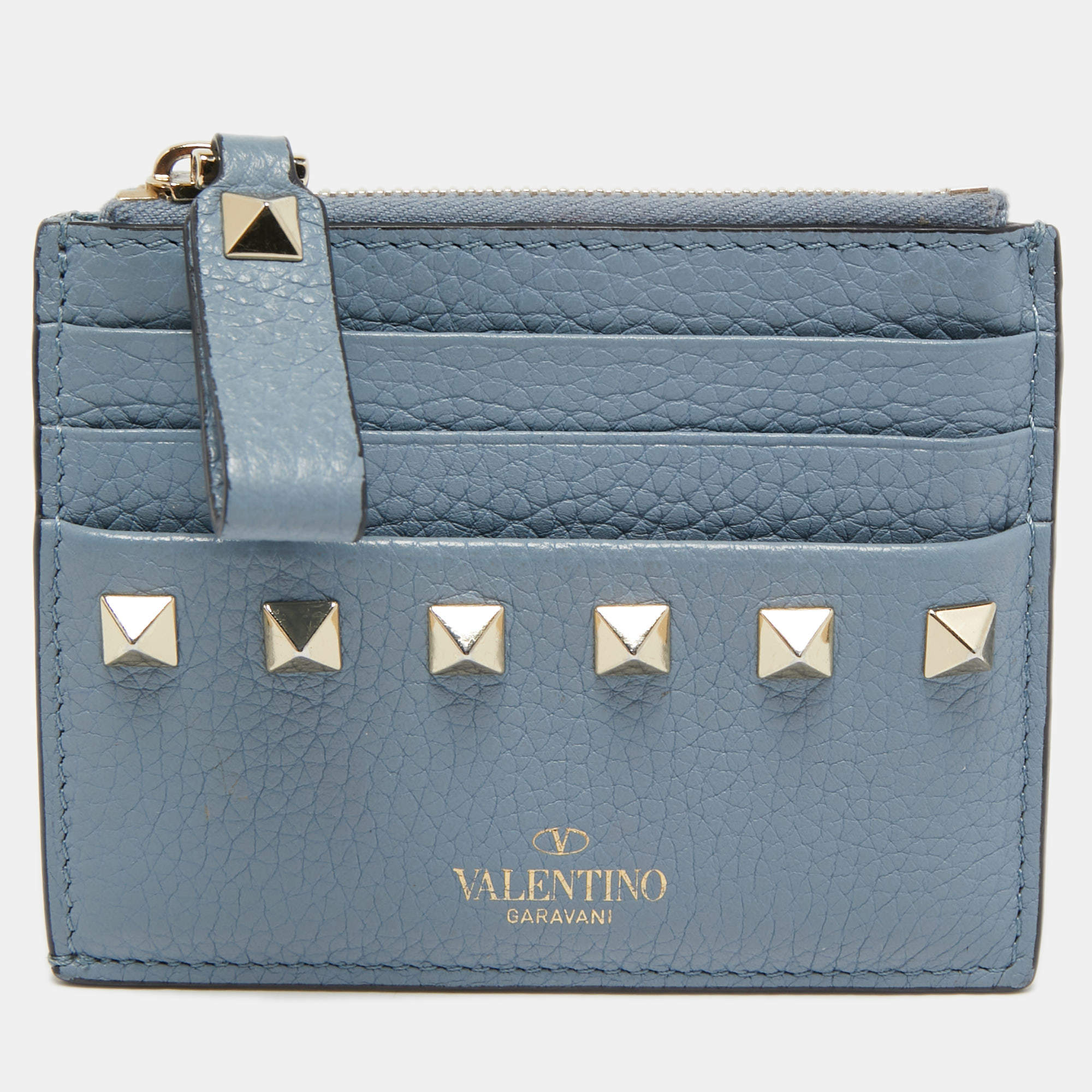 Valentino Blue Leather Rockstud Zip Card Holder