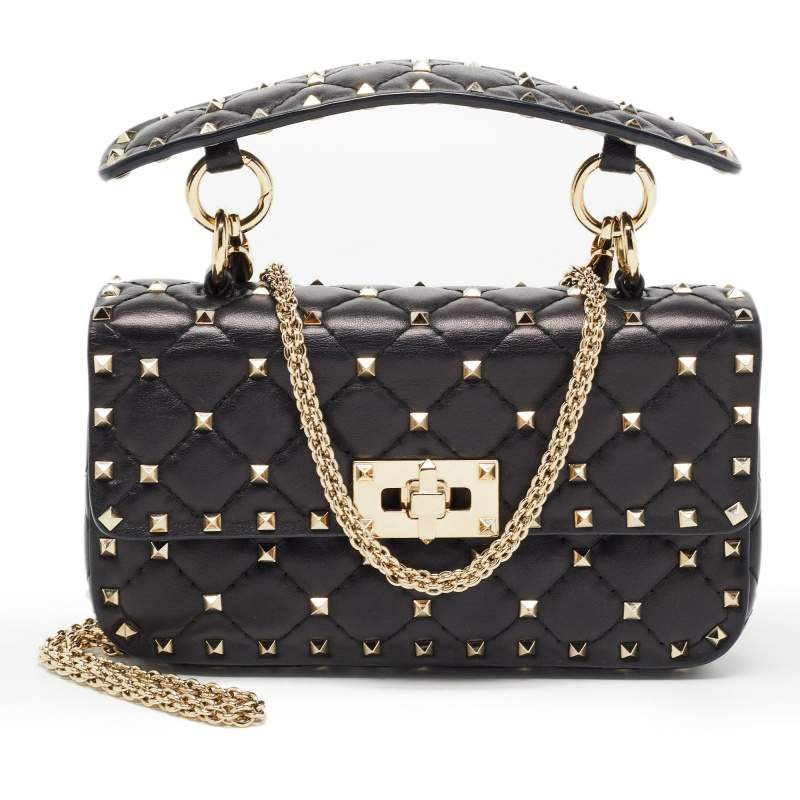 Pre Owned Valentino Black Leather Rockstud Spike Top Handle Bag
