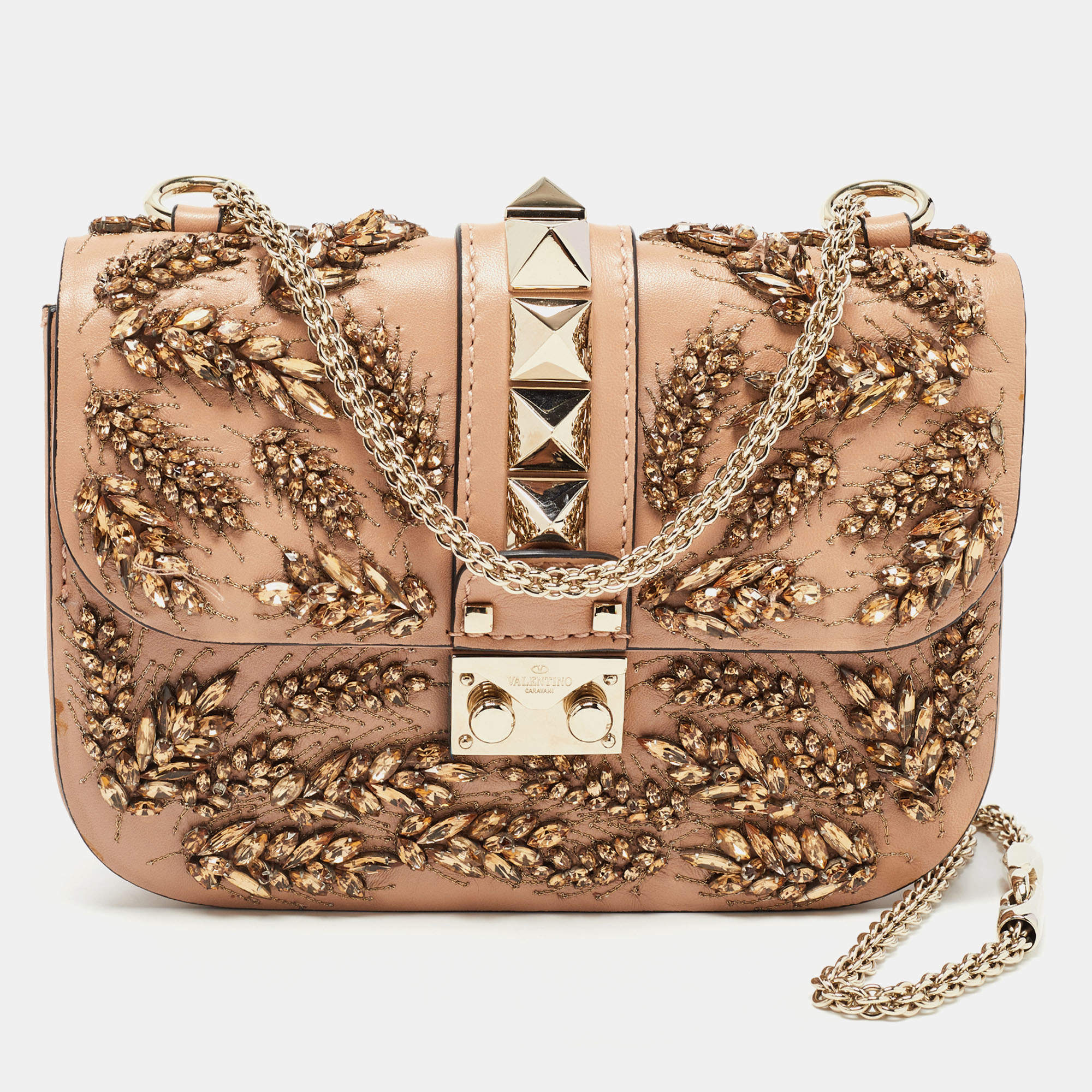 Valentino Pink/Beige Leather Medium Embellished Rockstud Glam Lock