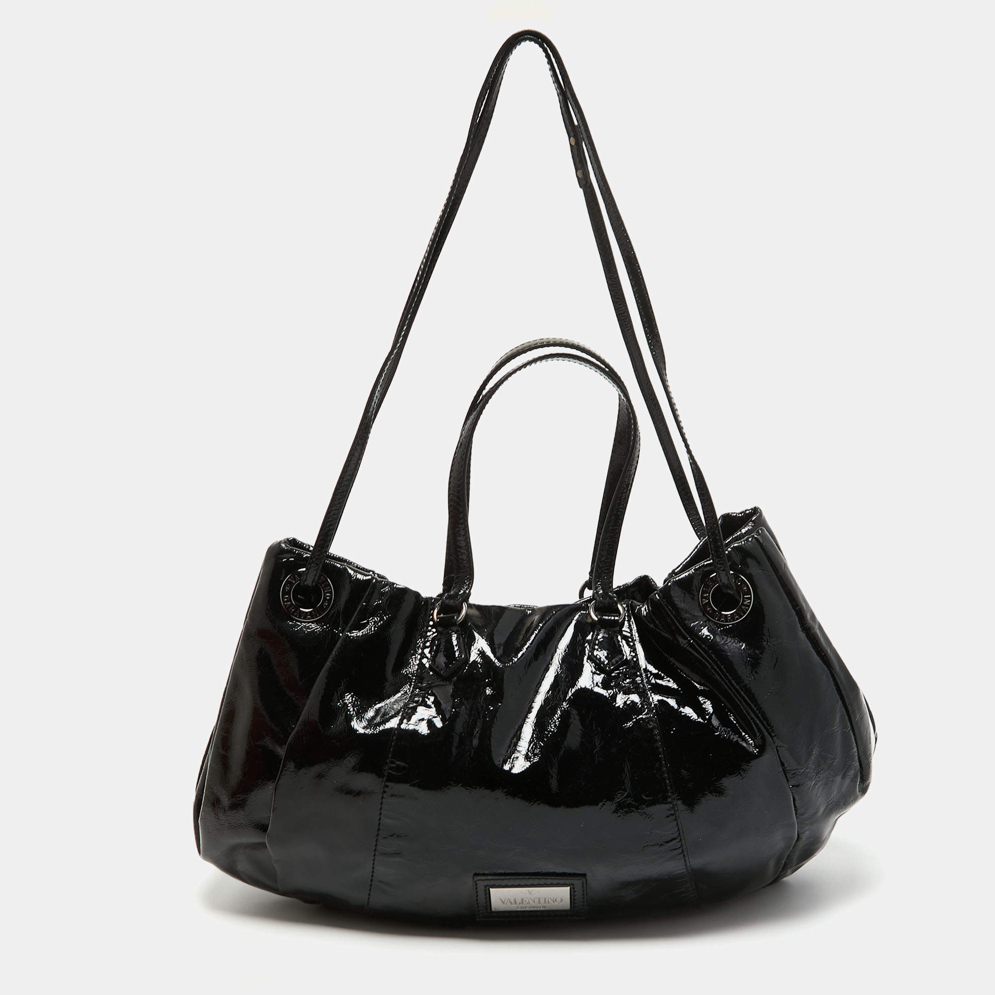 Pre Owned Valentino Black Patent Leather Logo Plague Hobo