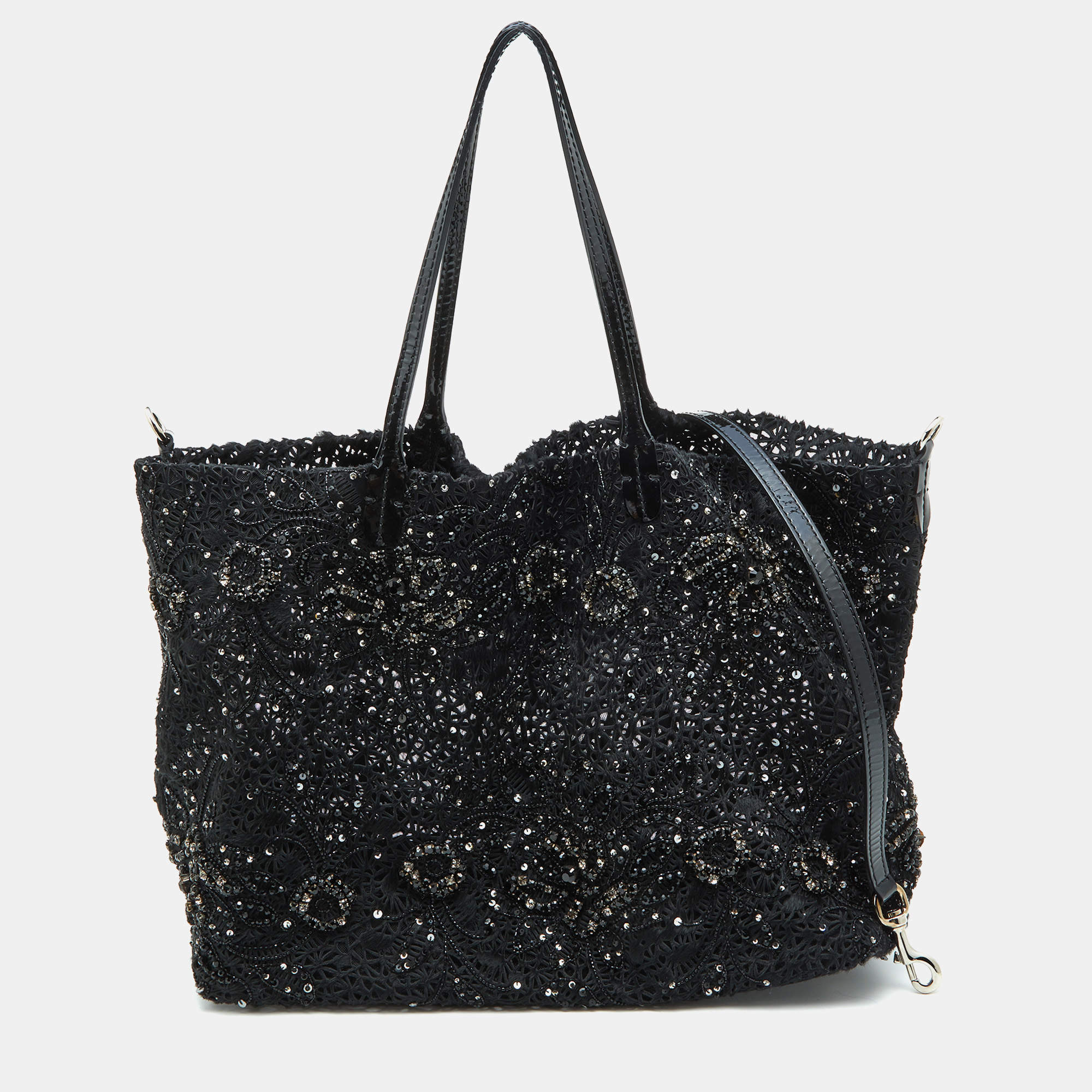 Pre Owned Valentino Black Laser Cut Calfhair and Patent Leather Crystal Embellished Tote