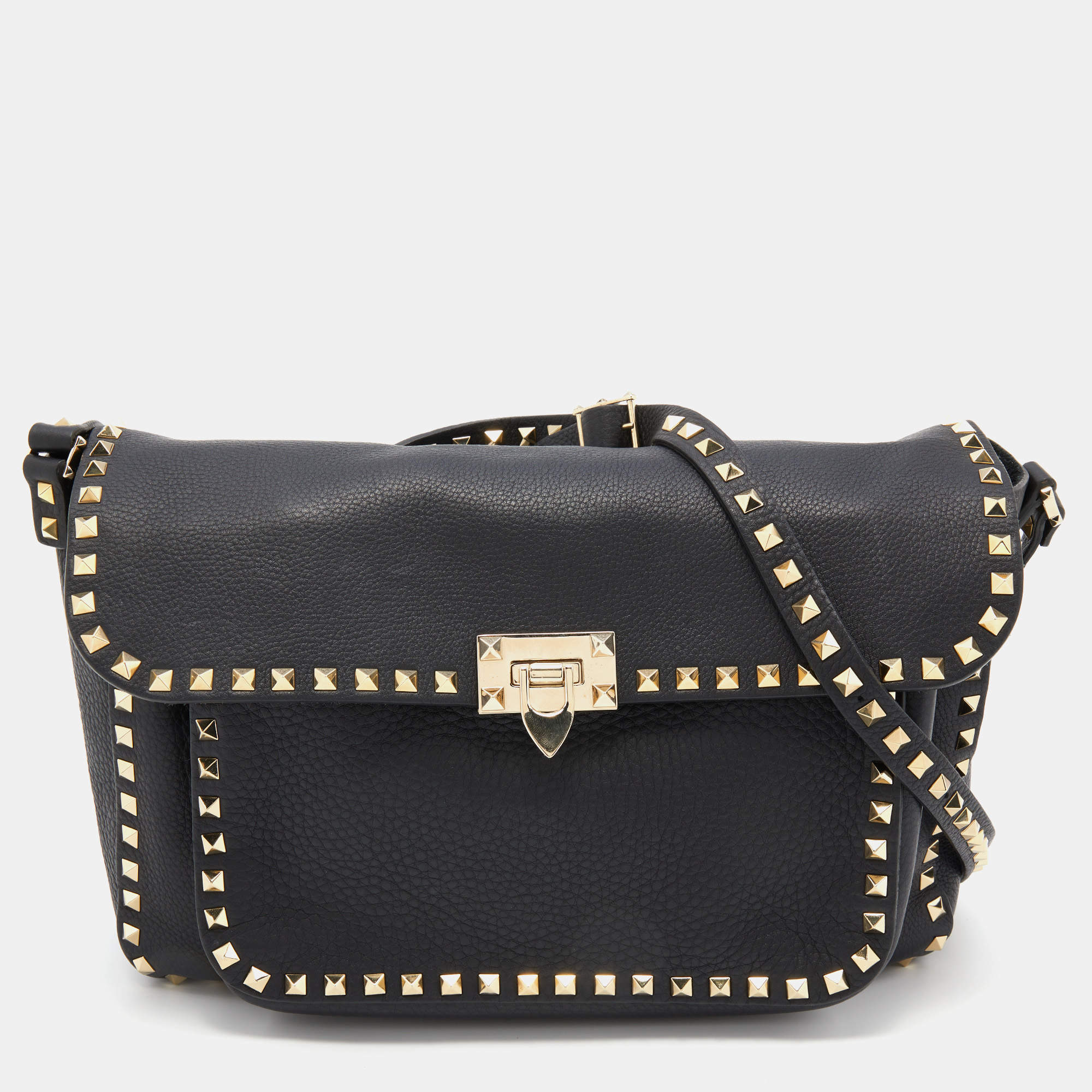Valentino Black Leather Rockstud Flip Lock Front Pocket Flap Messenger Bag 