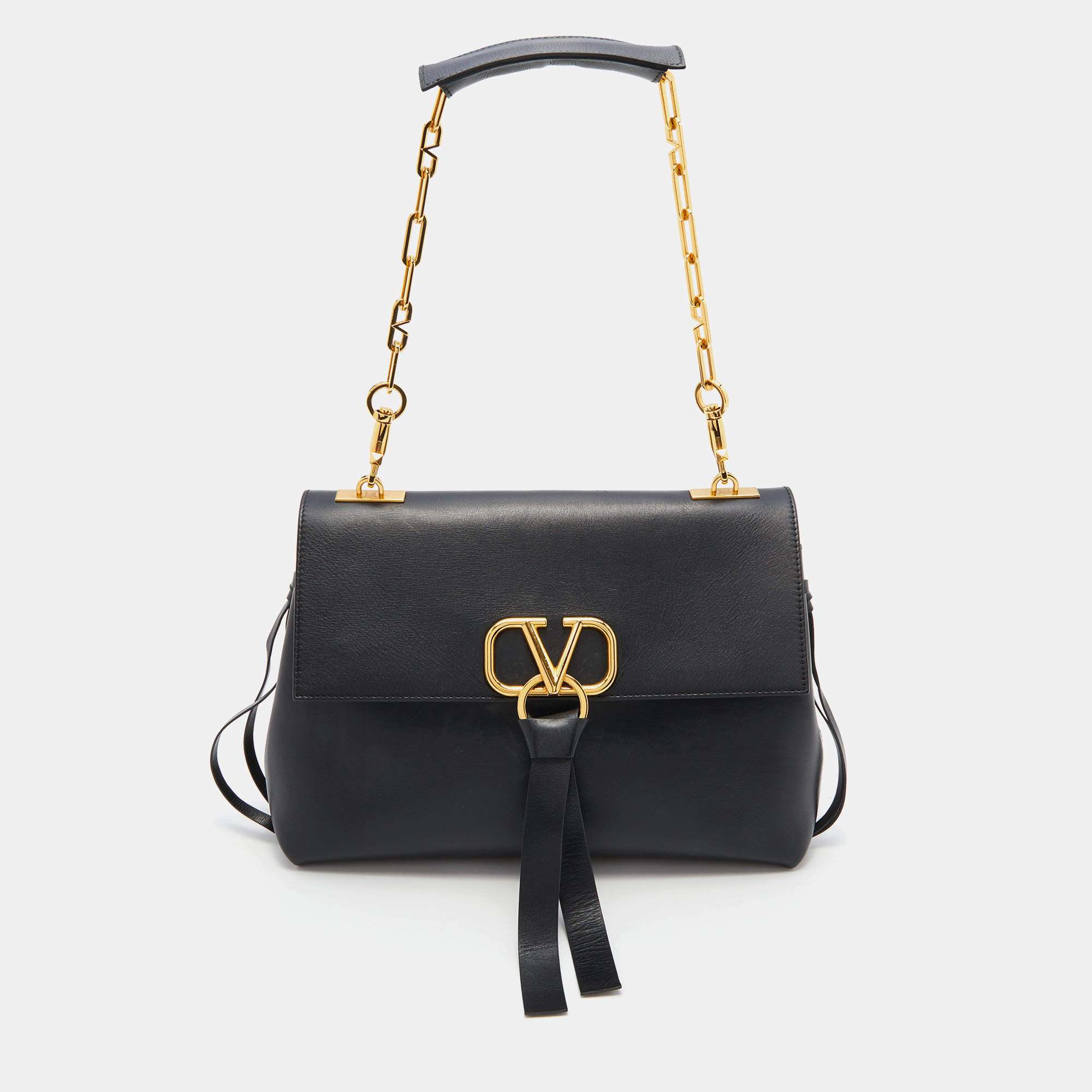 Pre Owned Valentino Black Leather Medium VRING Chain Shoulder Bag