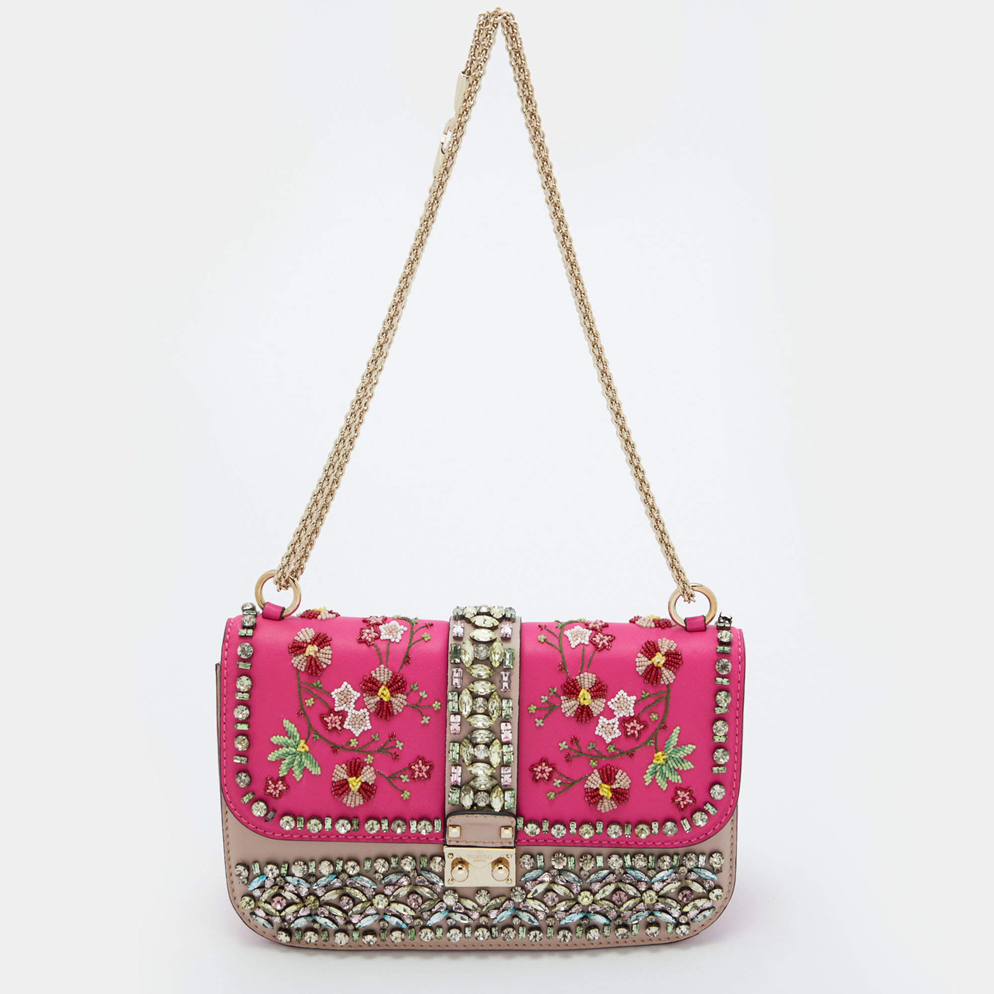 Pink/Beige Leather Embellished Rockstud Glam Lock Flap Bag Valentino | TLC