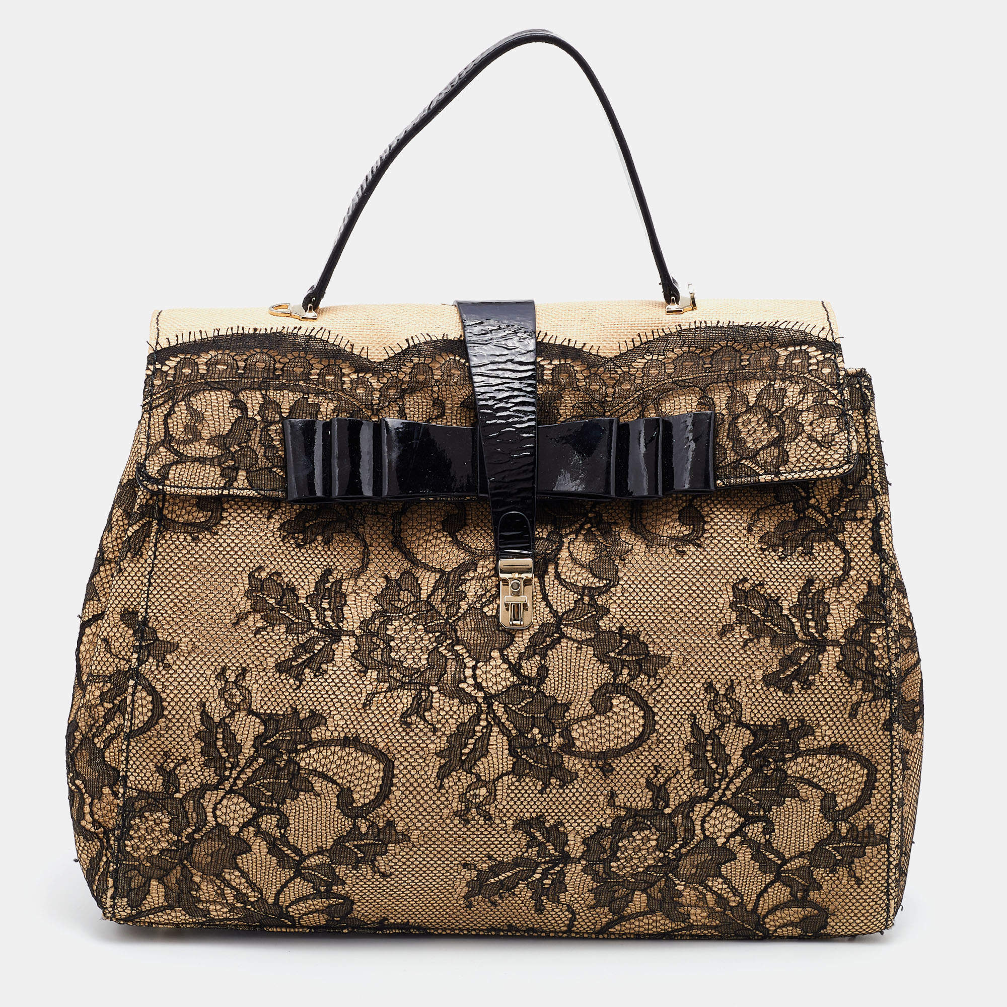 Pre Owned Valentino Beige/Black Raffia, Lace and Patent Leather Top Handle Bag