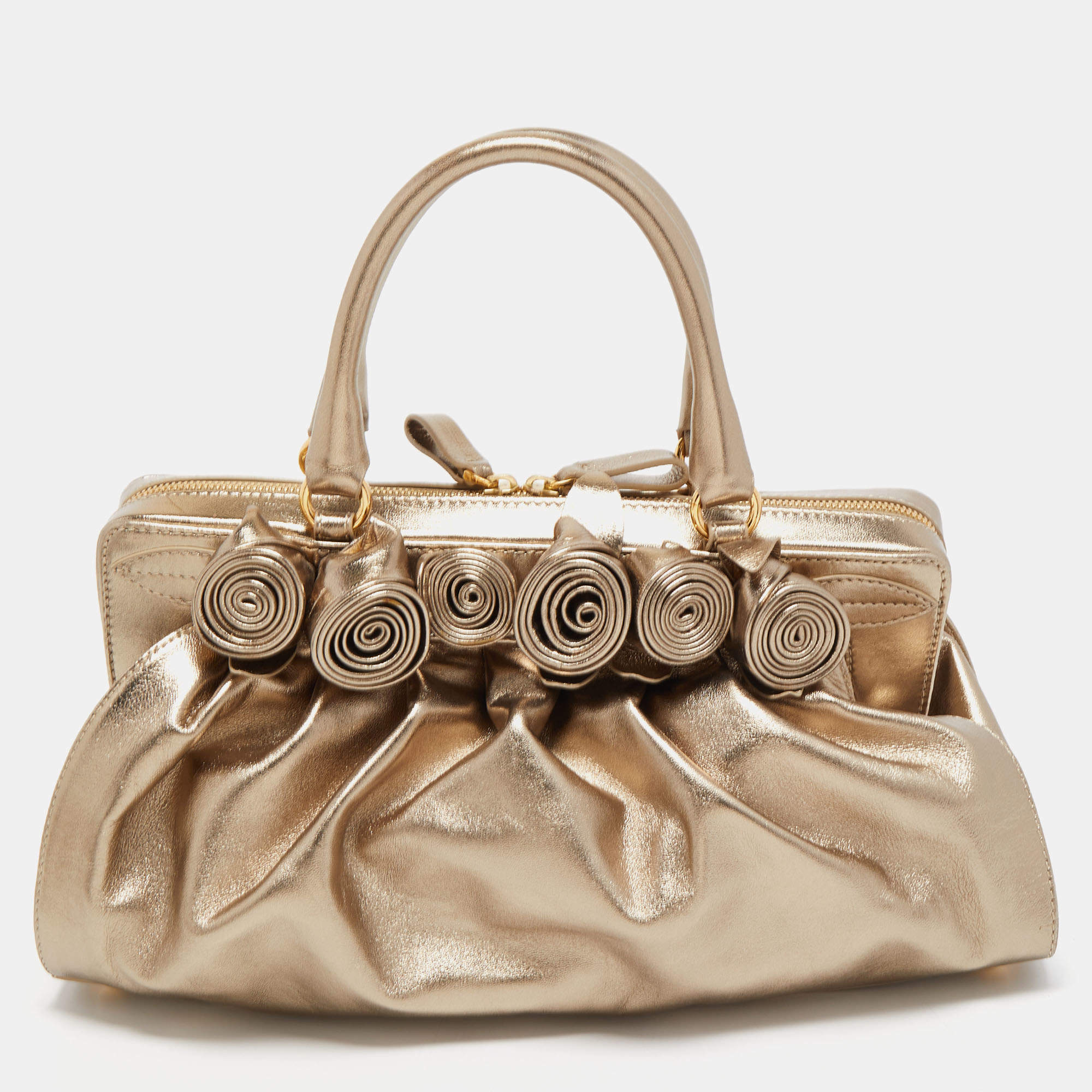 Pre Owned Valentino Metallic Leather Lacca Fleur Frame Satchel