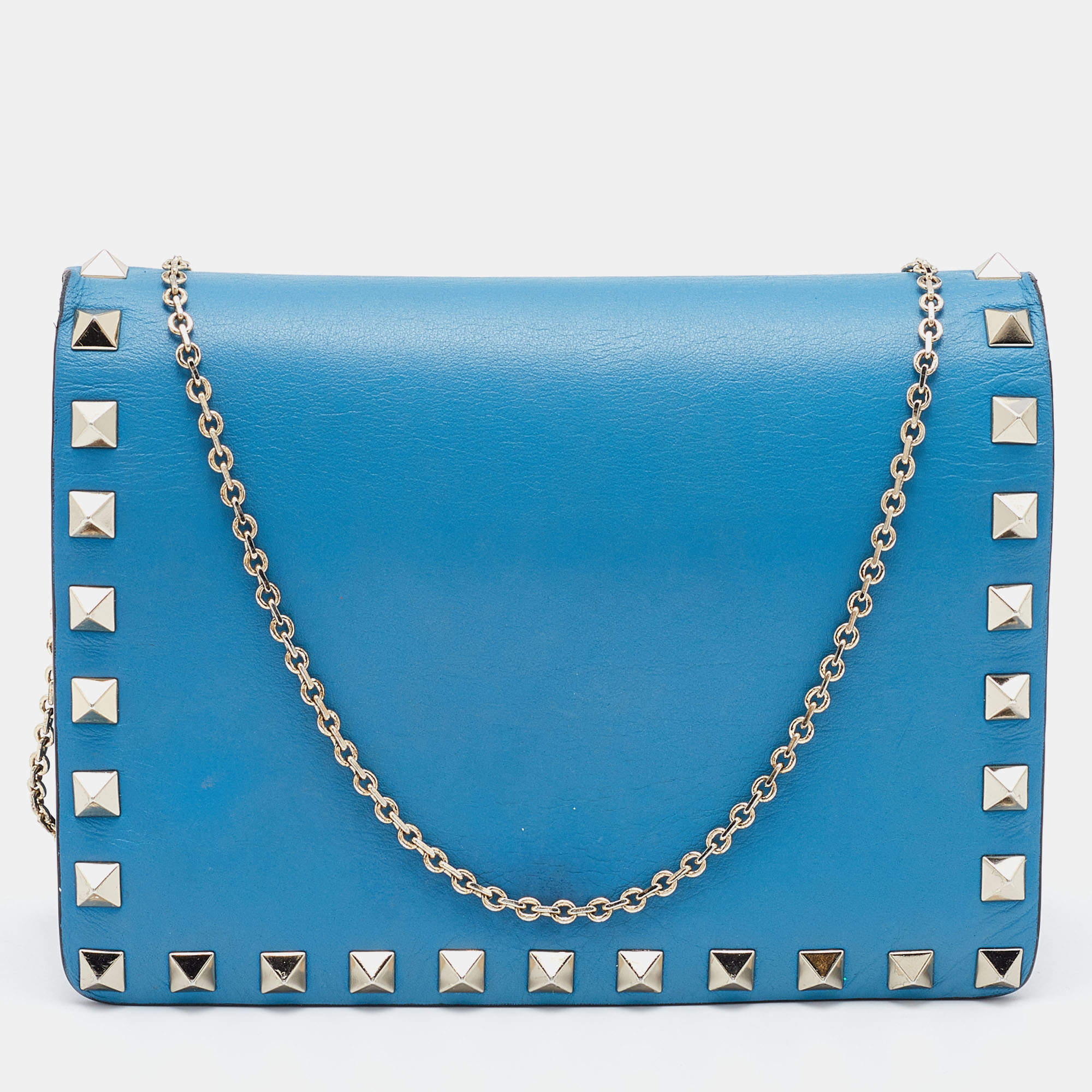 Pre Owned Valentino Blue Leather Flap Rockstud Wallet on Chain