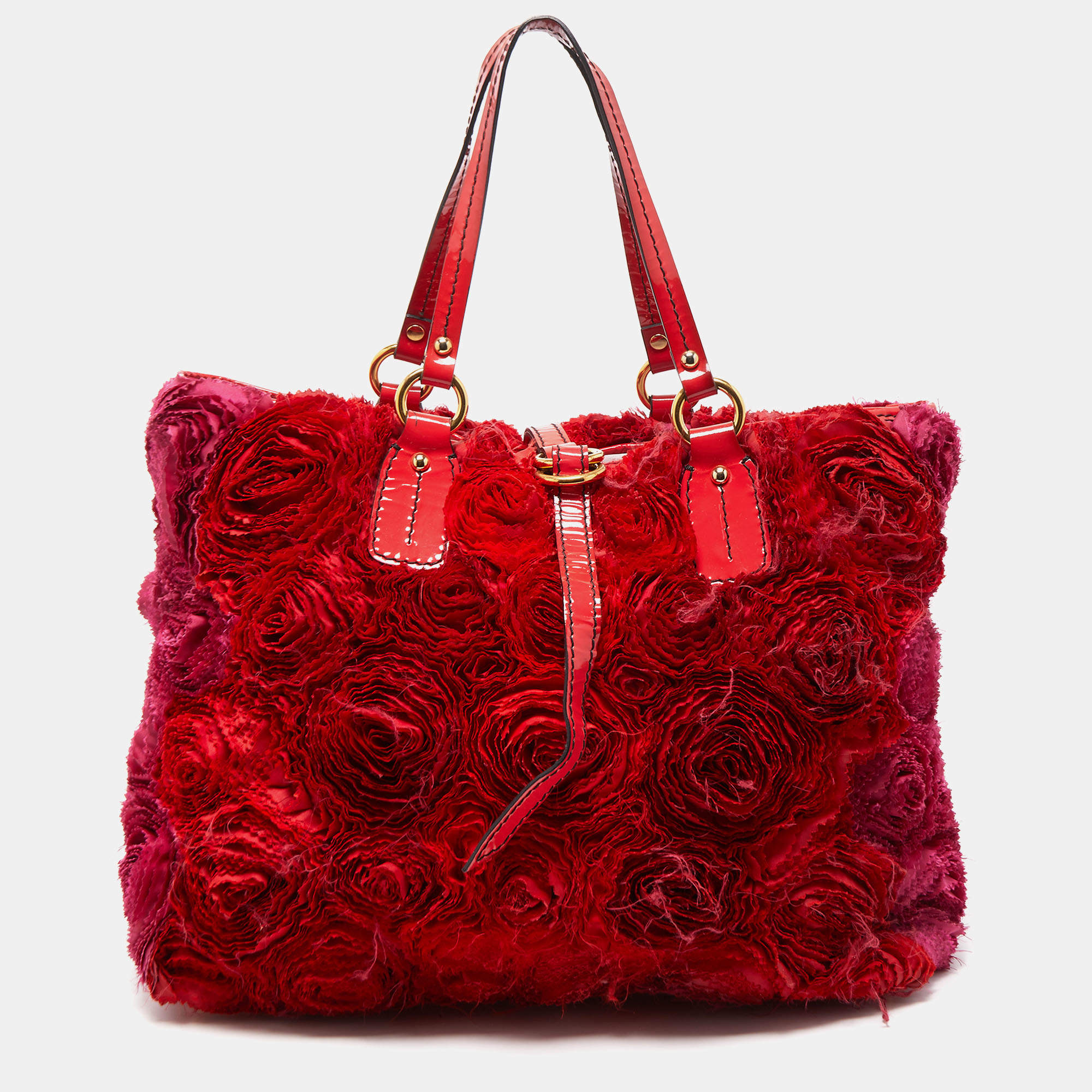 Pre Owned Valentino Red/Pink Silk And Patent Leather Rosier Tote