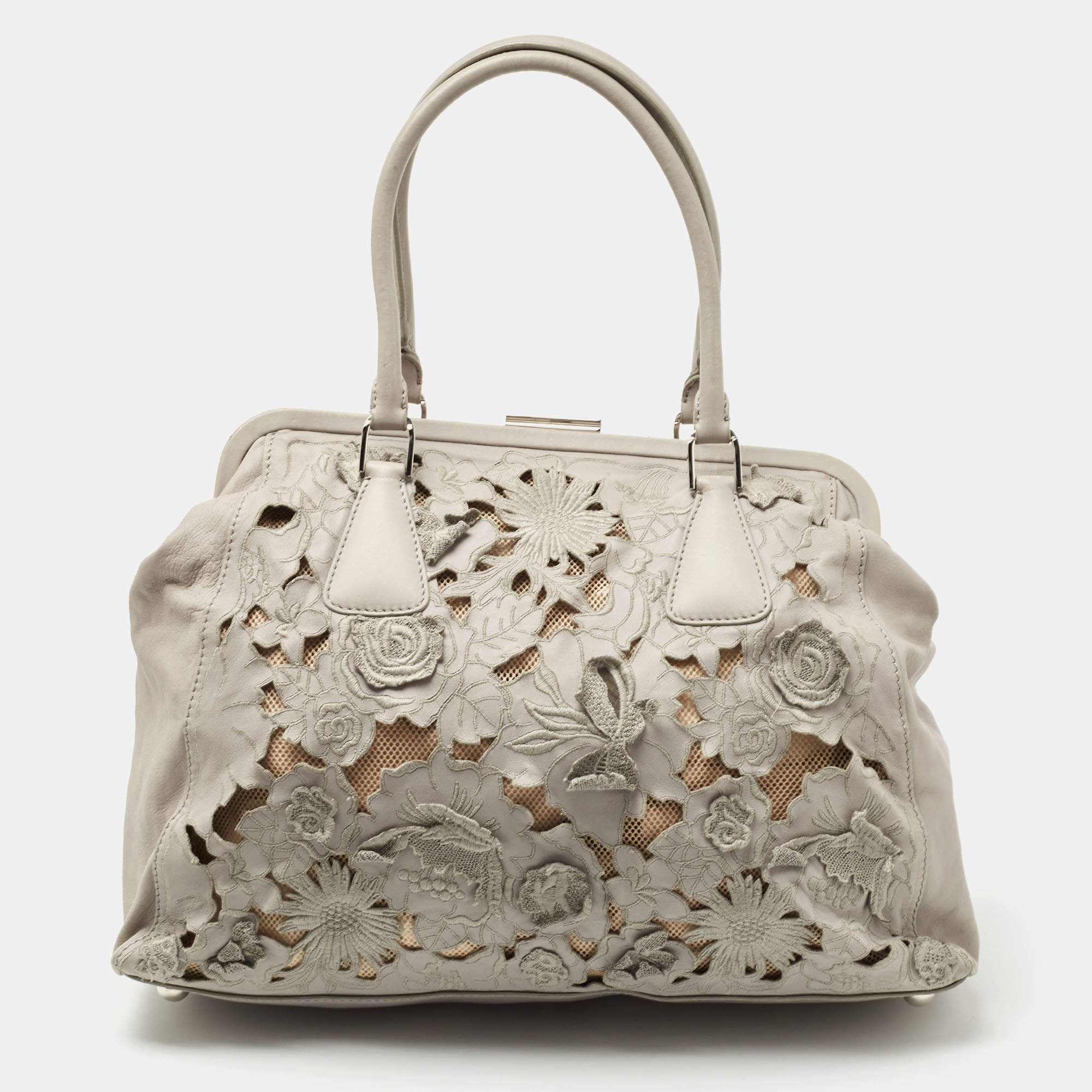 Pre Owned Valentino Grey Leather Petal Embroidered Alice Glam Frame Satchel