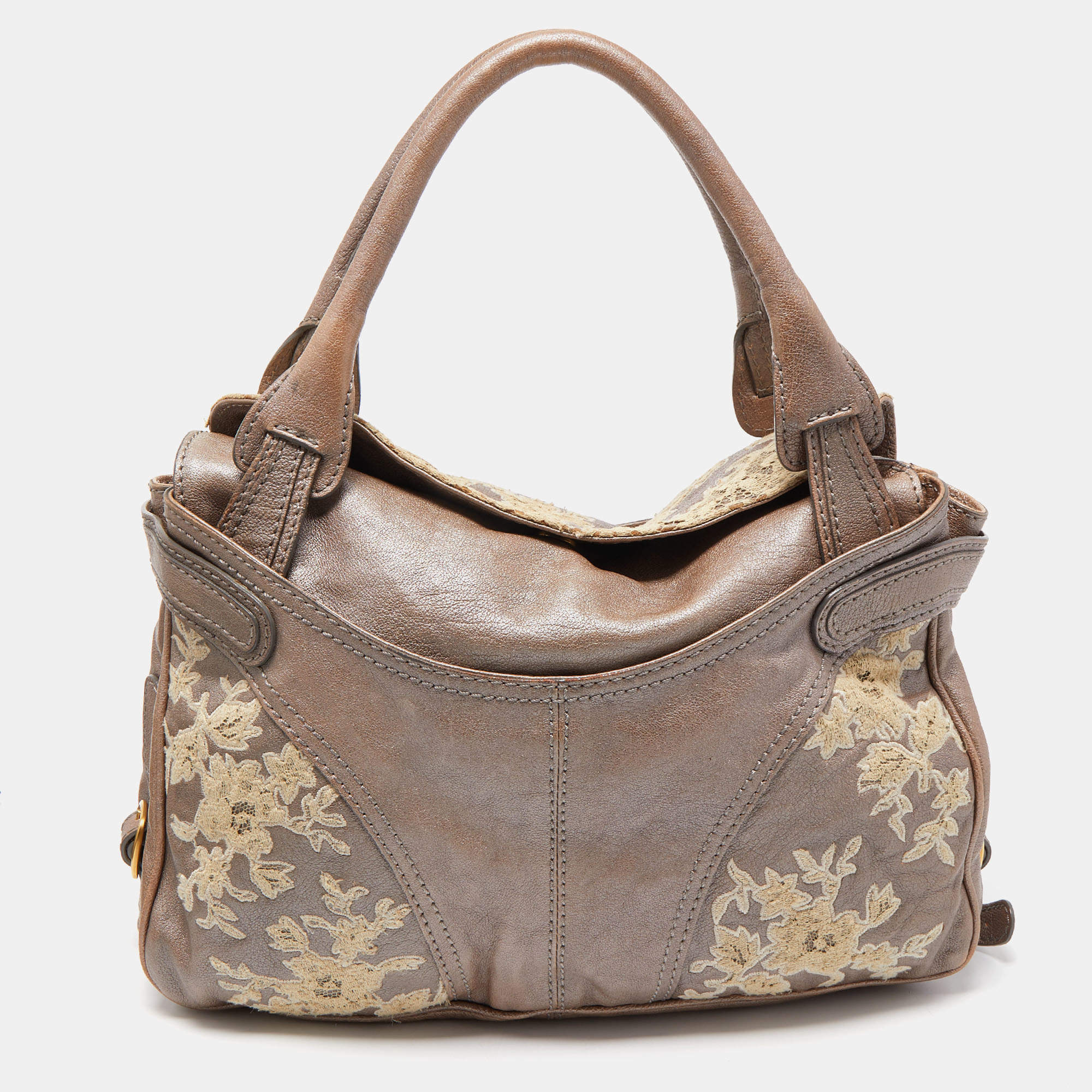 Pre Owned Valentino Metallic Beige Leather Urban Lace Satchel
