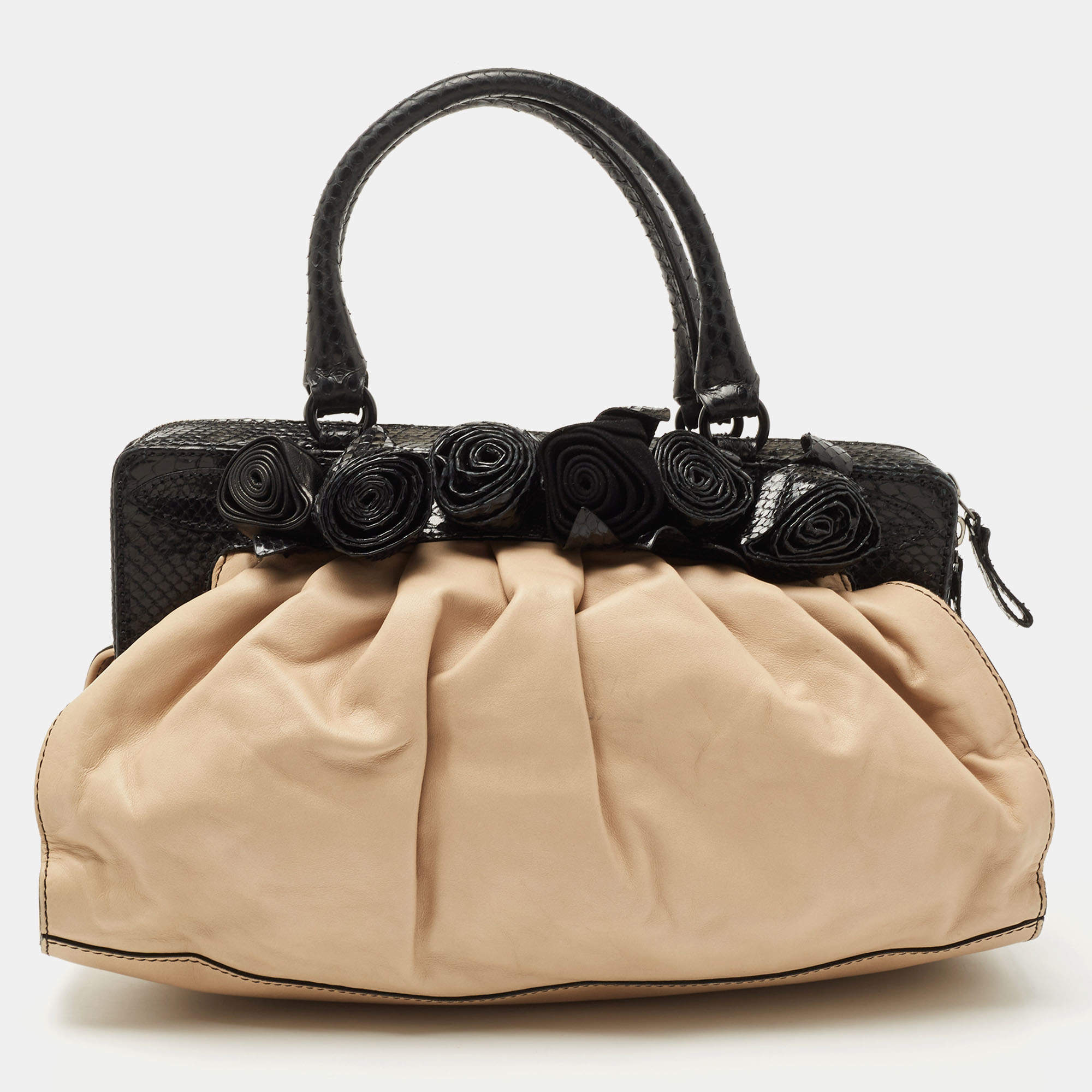 Pre Owned Valentino Beige/Black Leather and Watersnake Lacca Fleur Frame Satchel