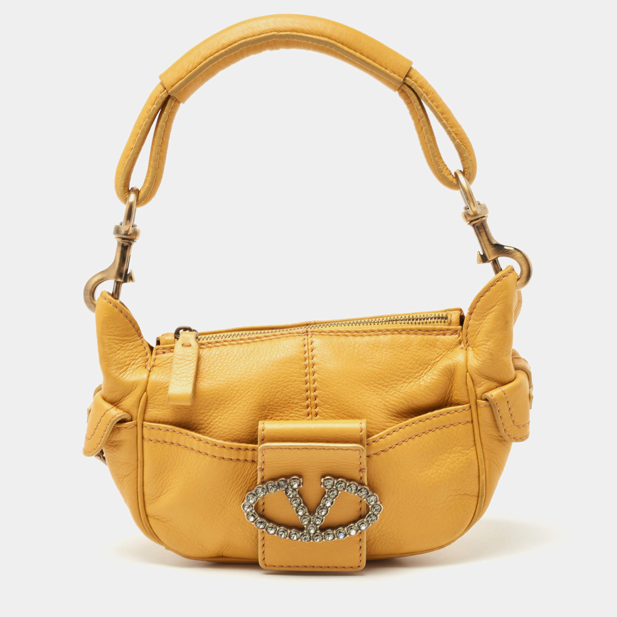 Valentino Mustard Leather Crystals Embellished VLogo Hobo 