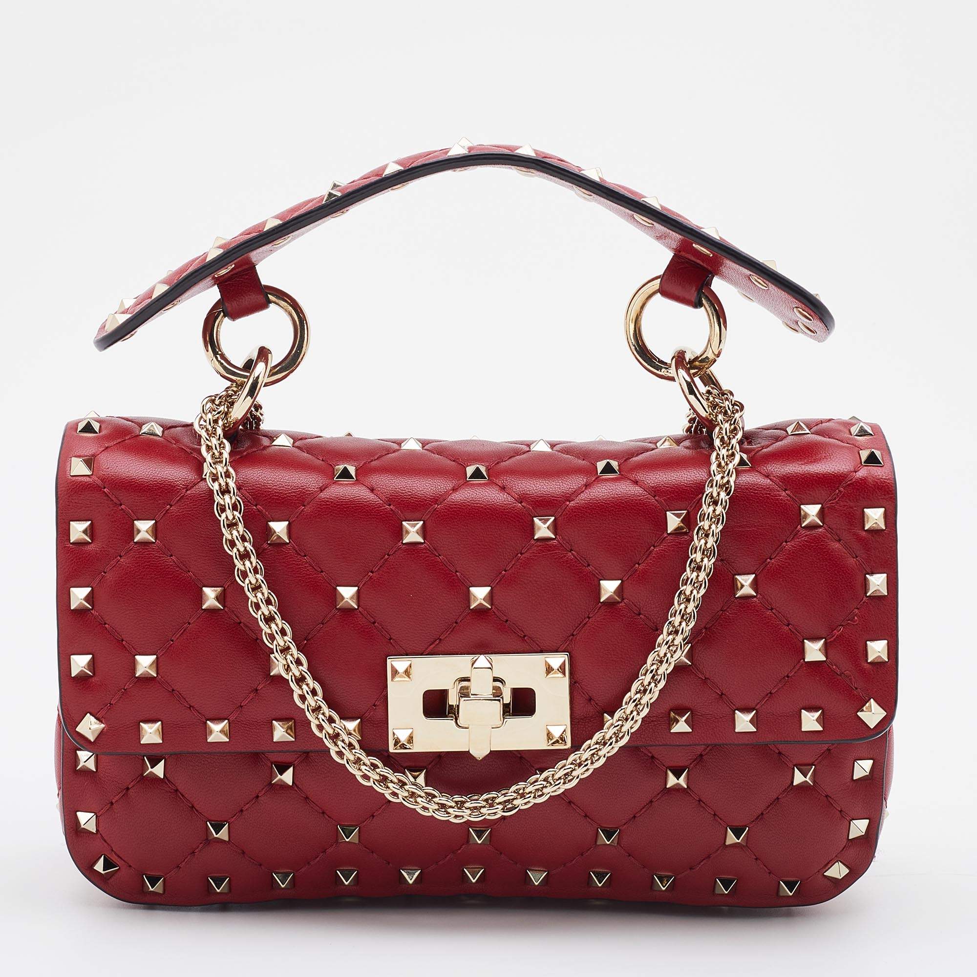 Valentino Red Quilted Leather Small Rockstud Spike Chain Shoulder Bag