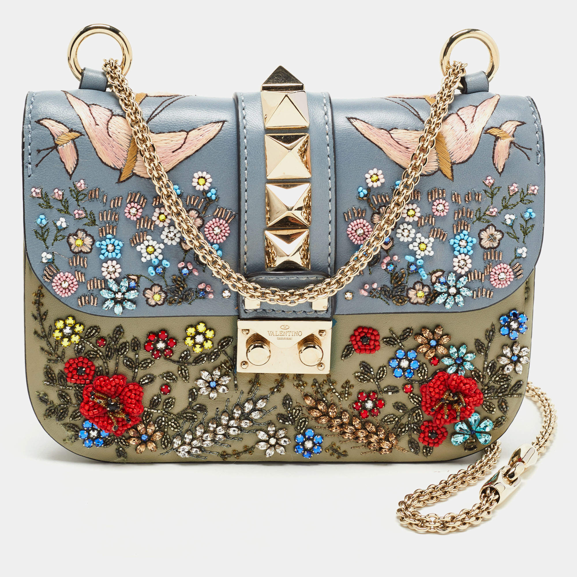 Multicolor Leather Small Floral Embellished Glam Lock Flap Bag Valentino TLC