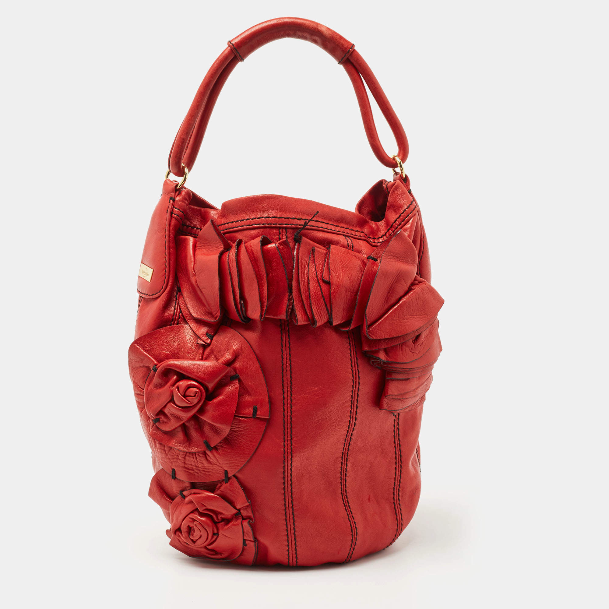 Pre Owned Valentino Red Leather Floral Applique Hobo