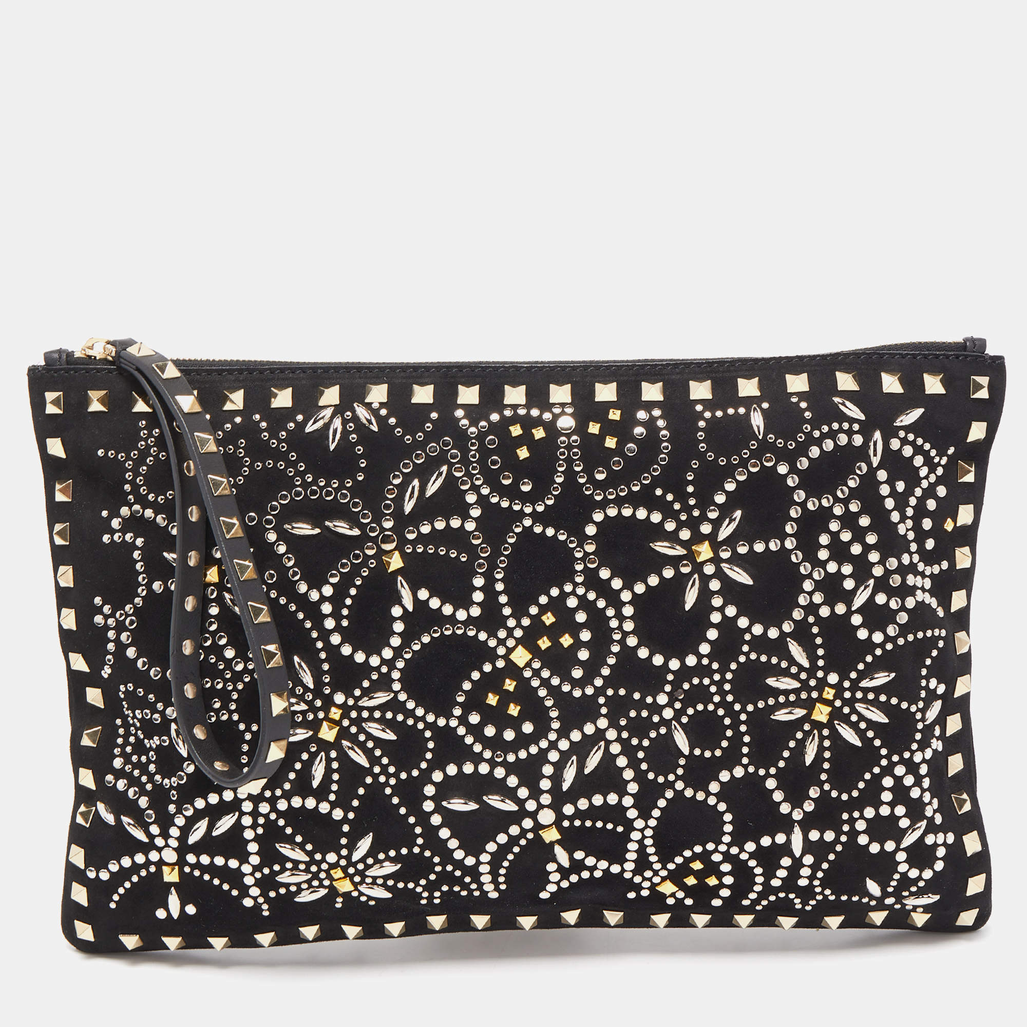 Pre Owned Valentino Black Suede Large Rockstud Embellished Wristlet Pouch