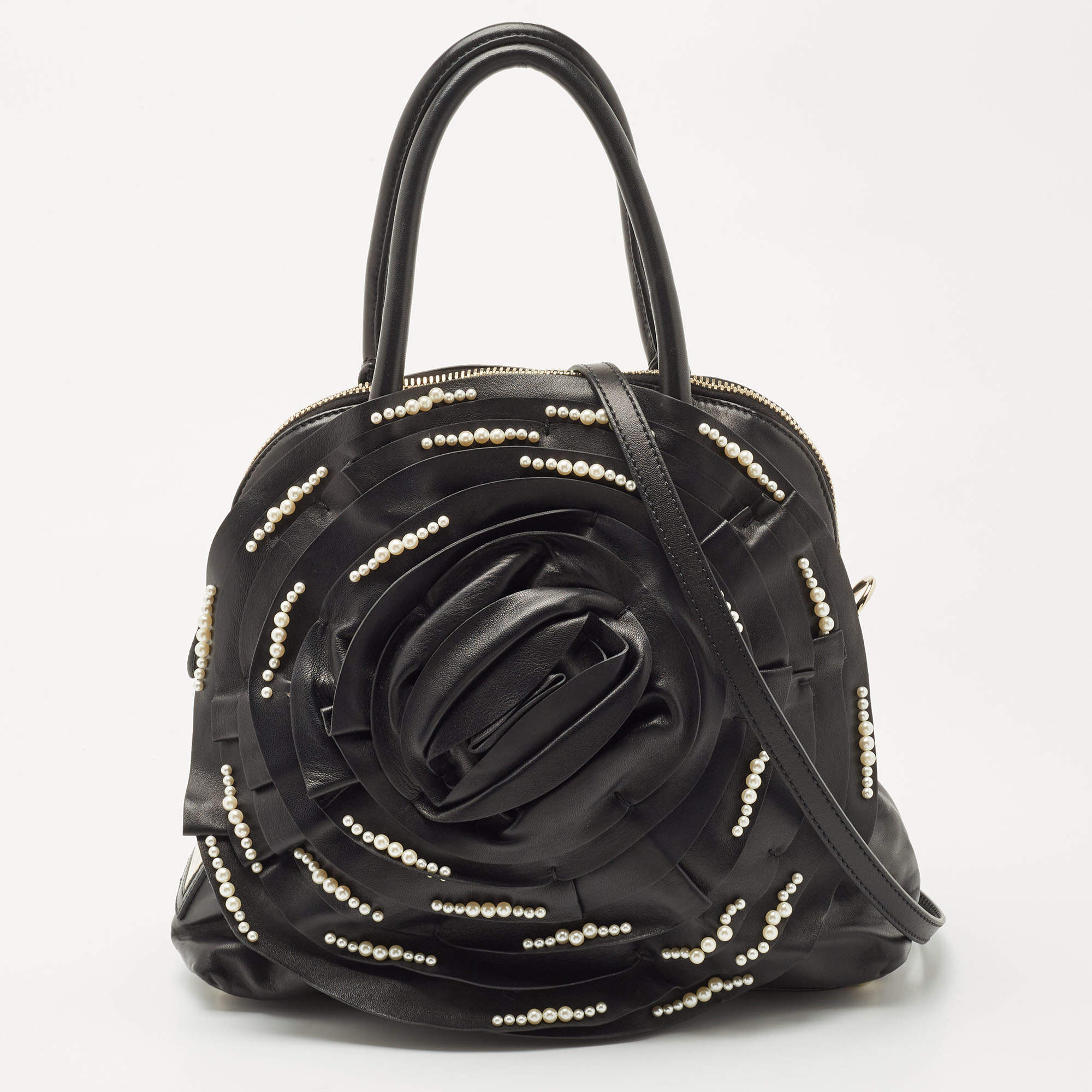 Pre Owned Valentino Black Leather Petale Rose Pearl Embellished Satchel