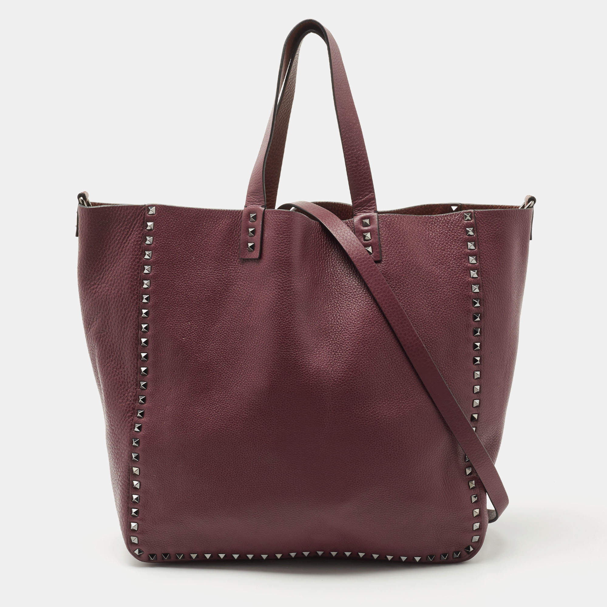 Pre Owned Valentino Burgundy/Brown Leather Rockstud Reversible Tote