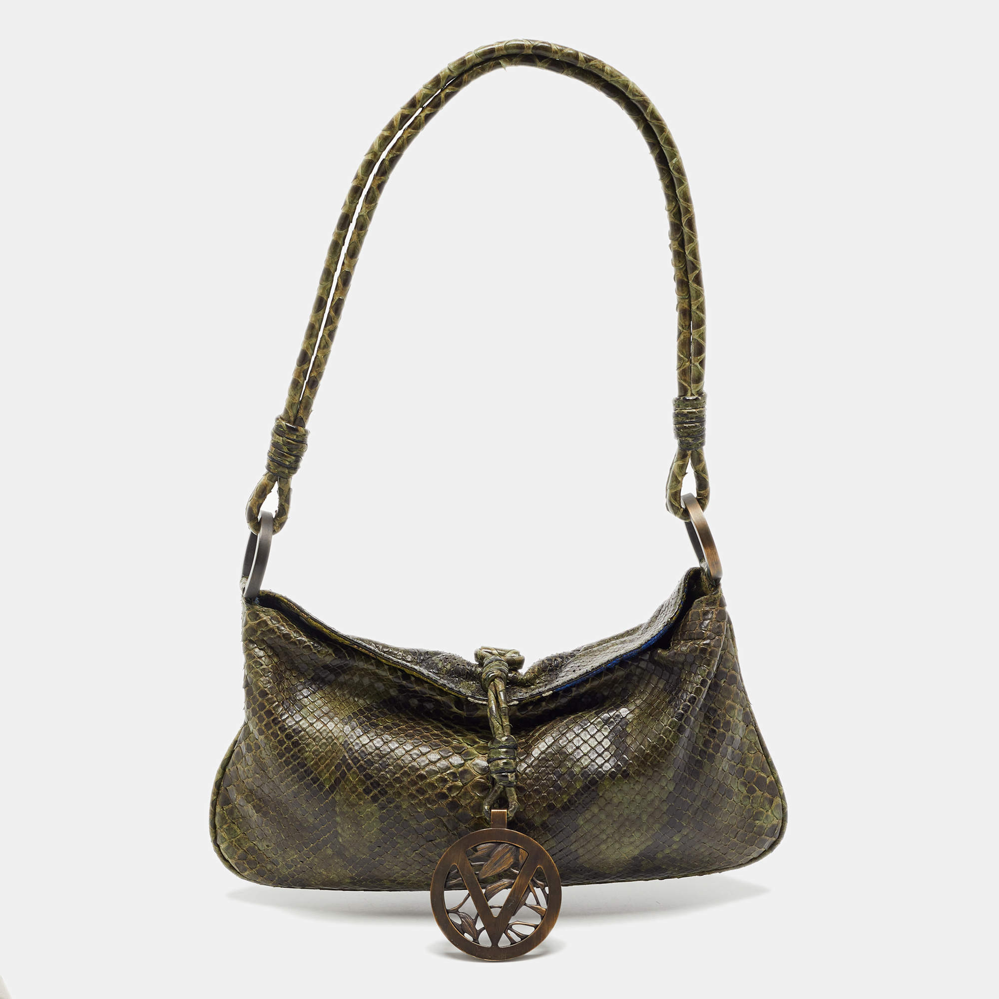 Pre Owned Valentino Green/Black Python VLogo Flap Hobo