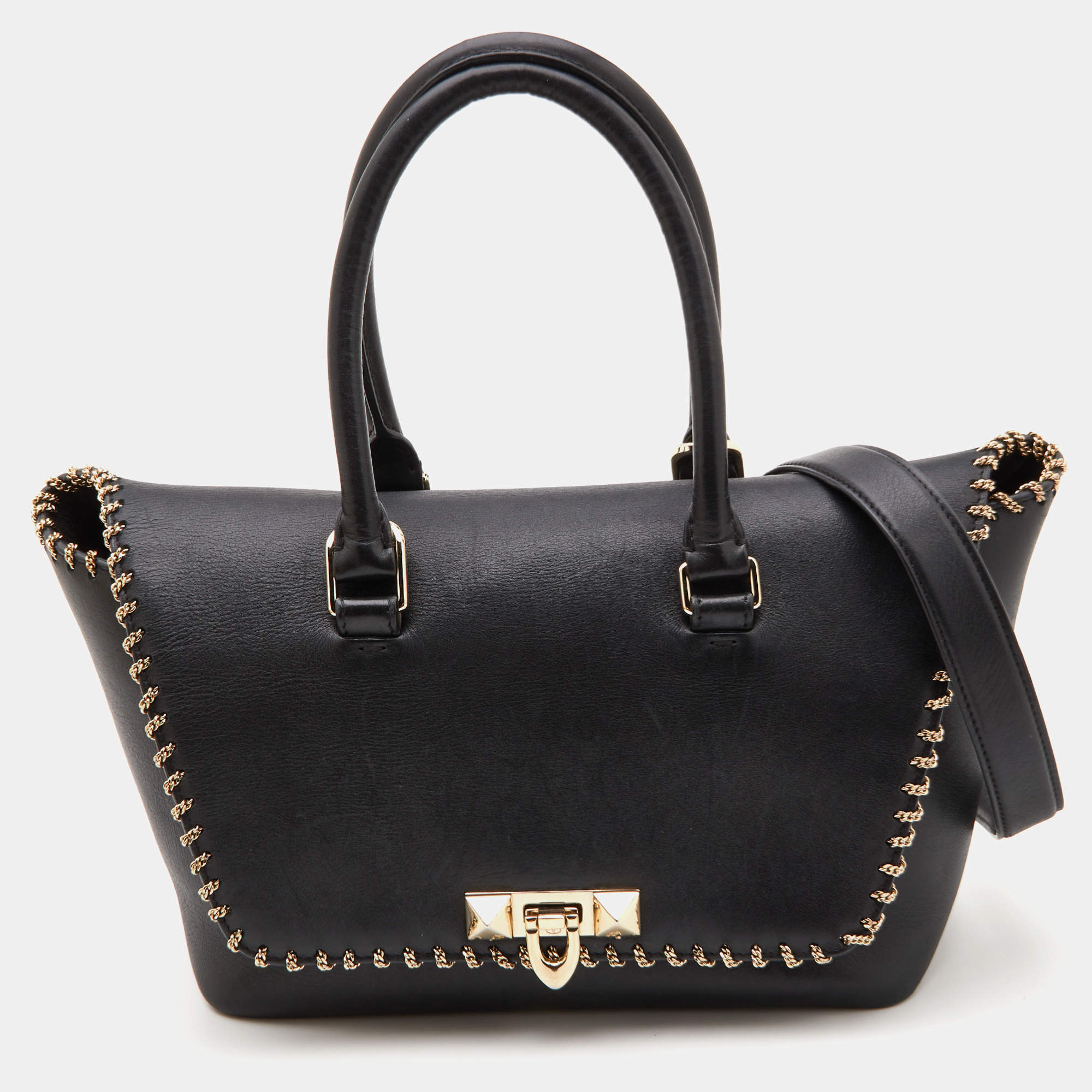 Pre Owned Valentino Black Leather Small Demilune Flap Satchel