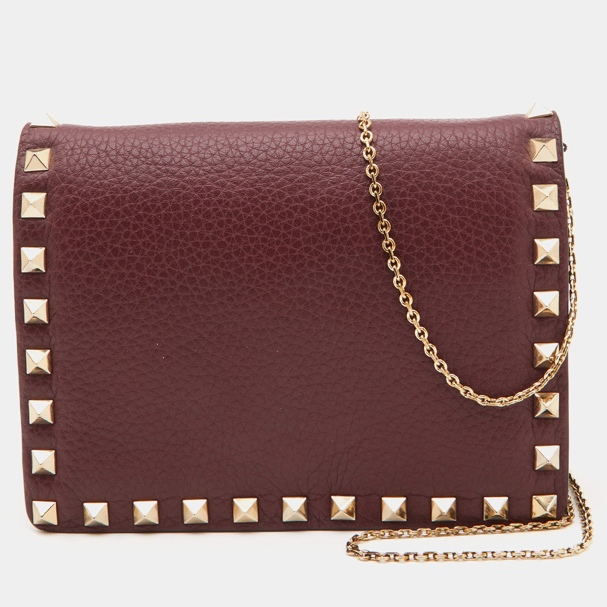 Pre Owned Valentino Burgundy Leather Rockstud Flap Chain Clutch