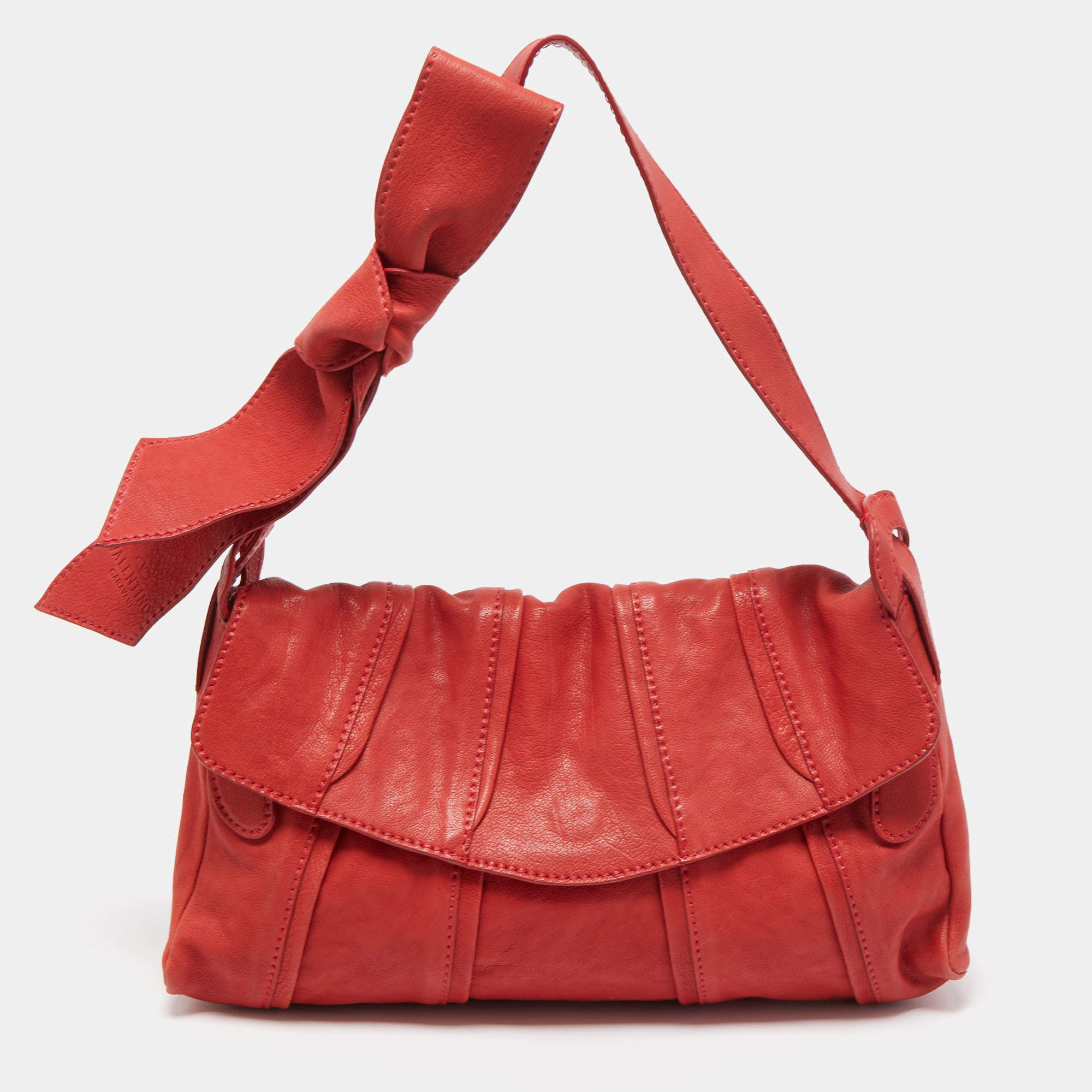 Pre Owned Valentino Red Pleated Leather Bow Flap Shoulder Bag