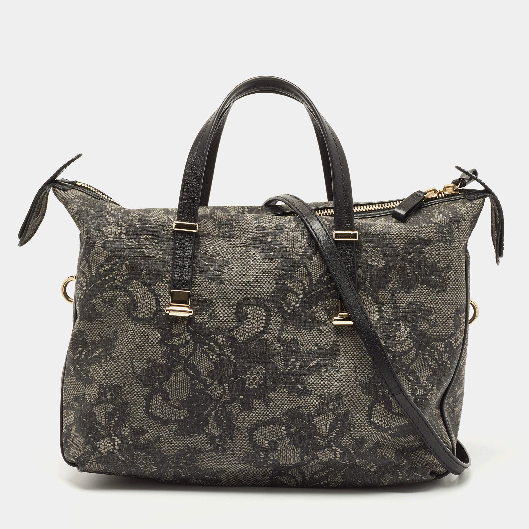 Pre Owned Valentino Black/Grey Lace Print Coated Canvas and Leather Logo Satchel