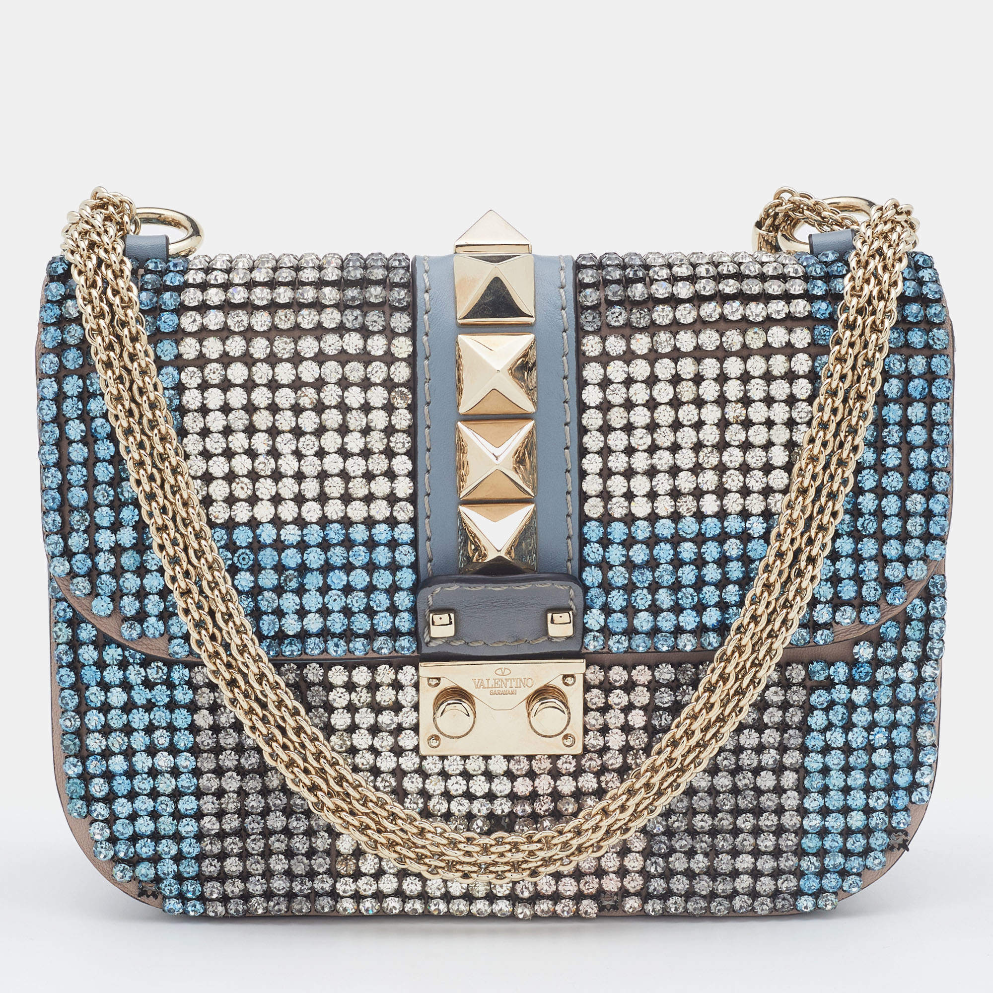 Valentino Blue Leather Small Crystal Embellished Glam Lock Rockstud Shoulder Bag