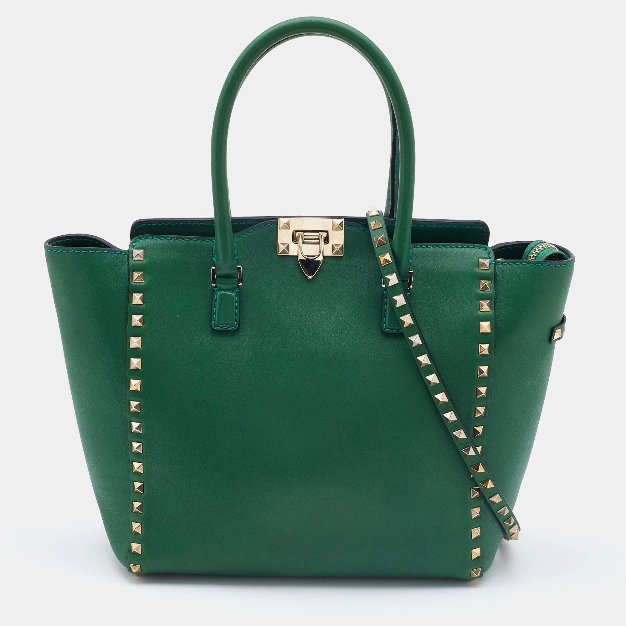 مملوكة مسبقًا Valentino Green Leather Small Rockstud Trapeze Tote