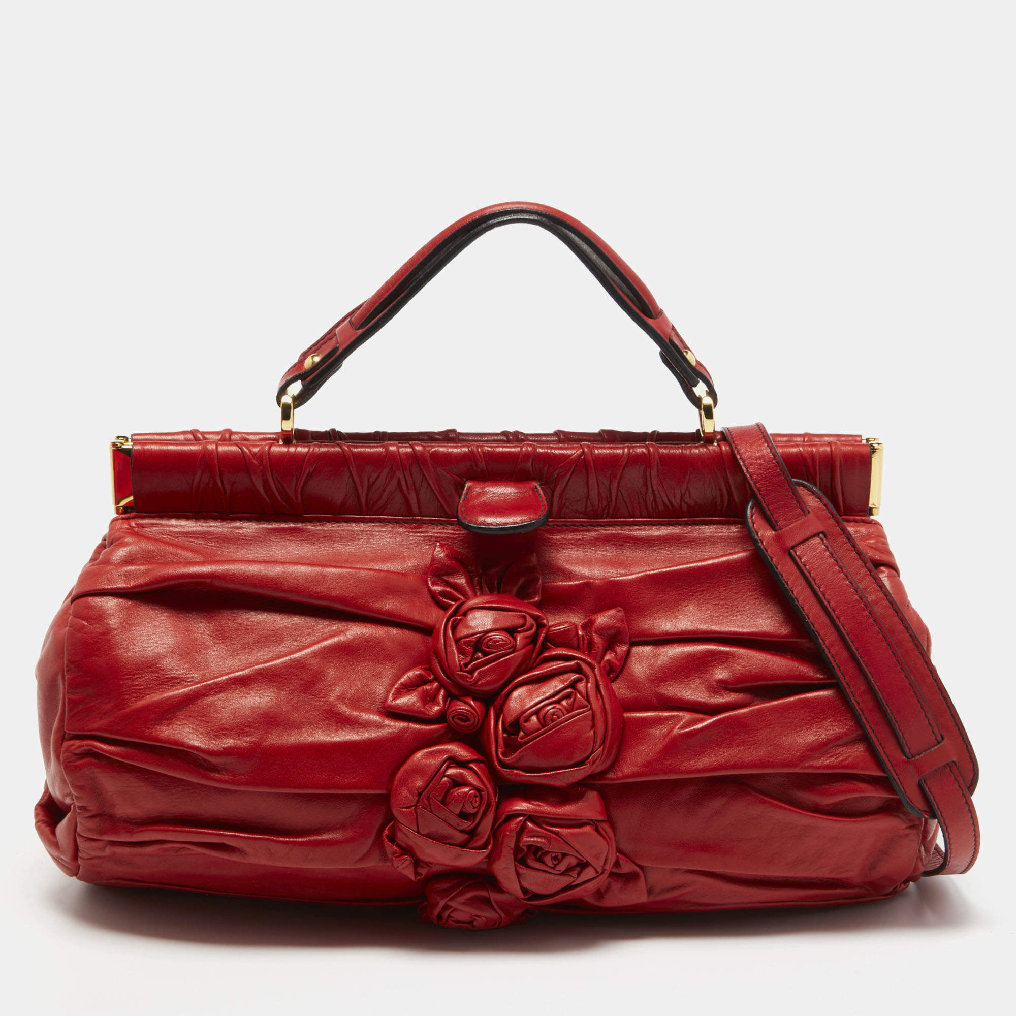 Pre Owned Valentino Red Leather Rose Frame Satchel