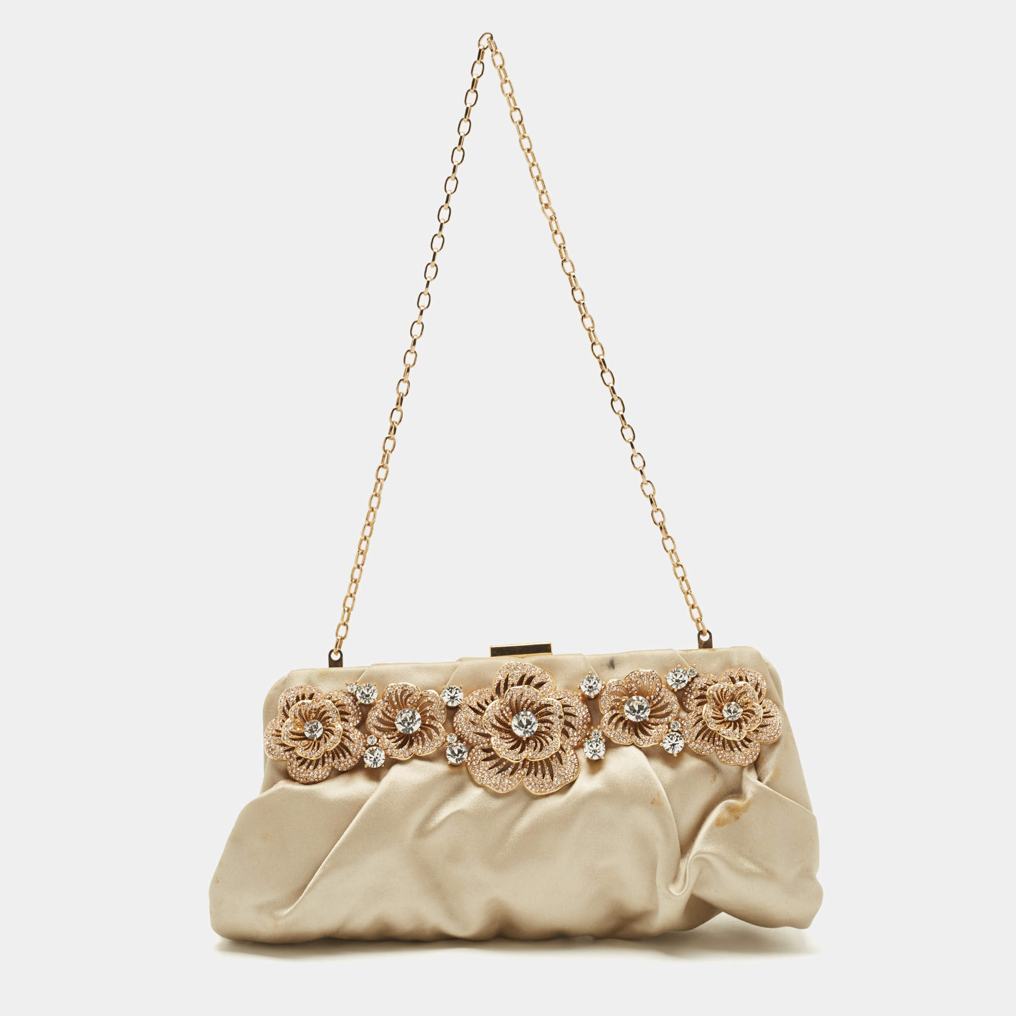 Pre Owned Valentino Beige Satin Floral Crystal Embellished Chain Clutch