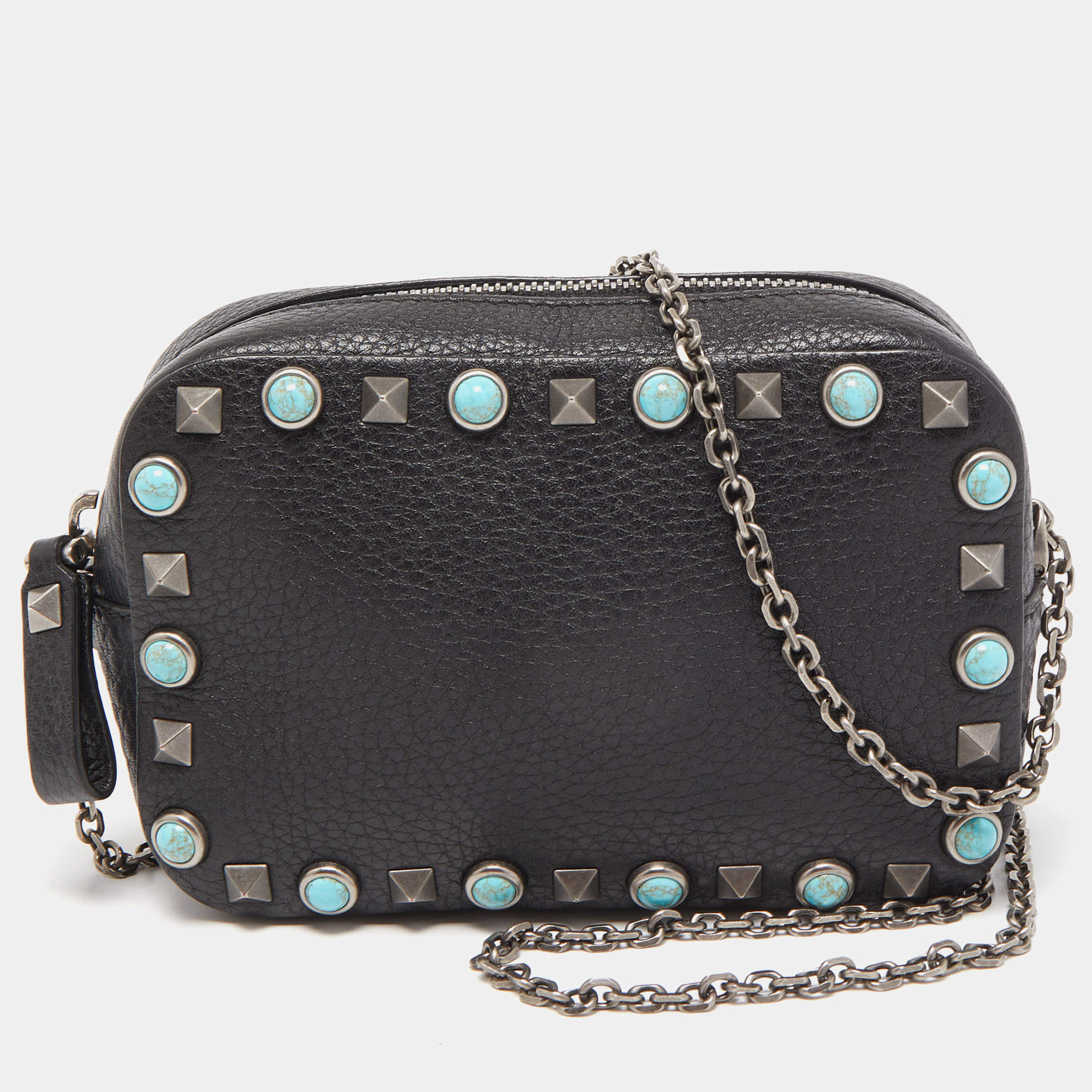 Pre Owned Valentino Black Leather Mini Rolling Rockstud Camera Chain Bag