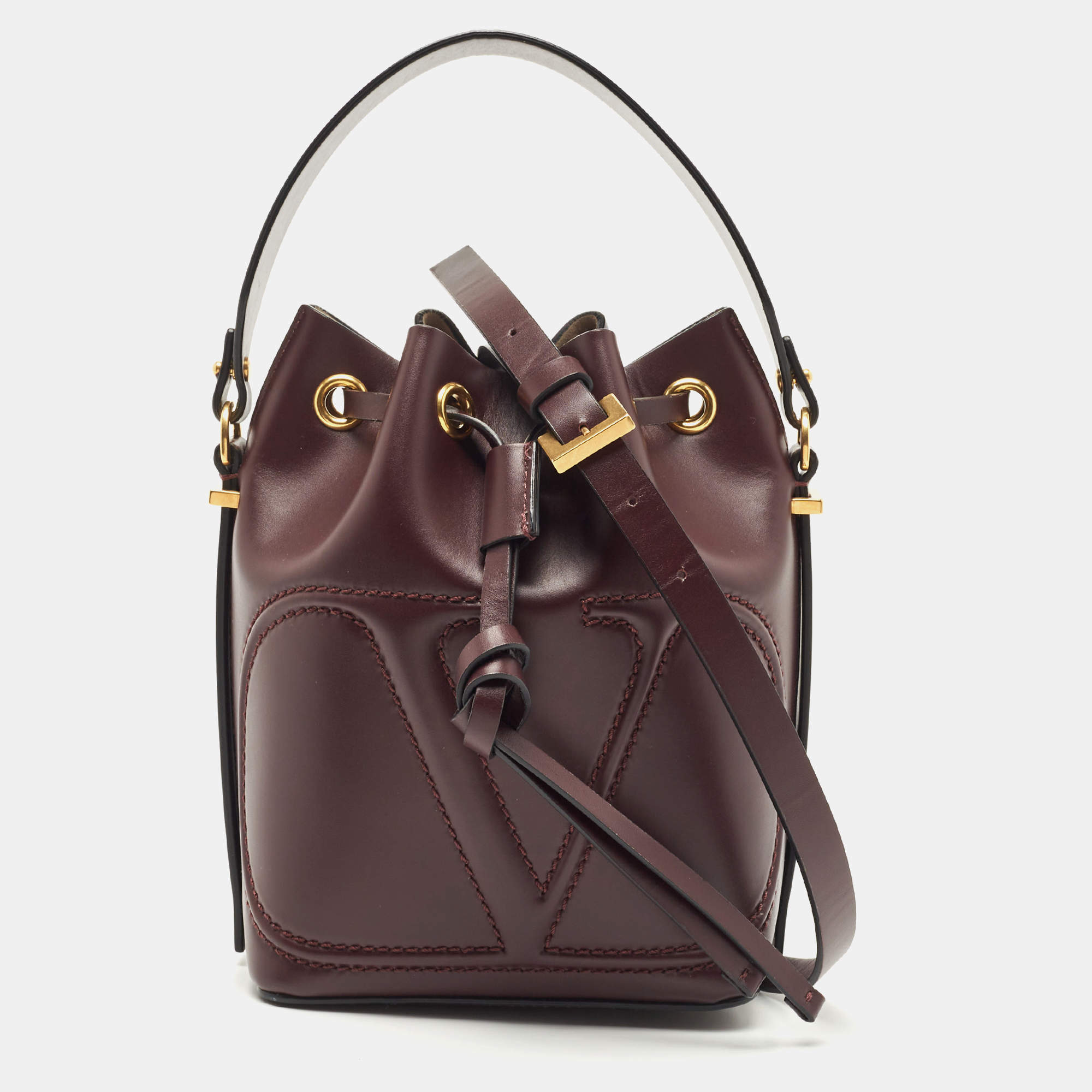 Pre Owned Valentino Burgundy Leather VLogo Bucket Bag