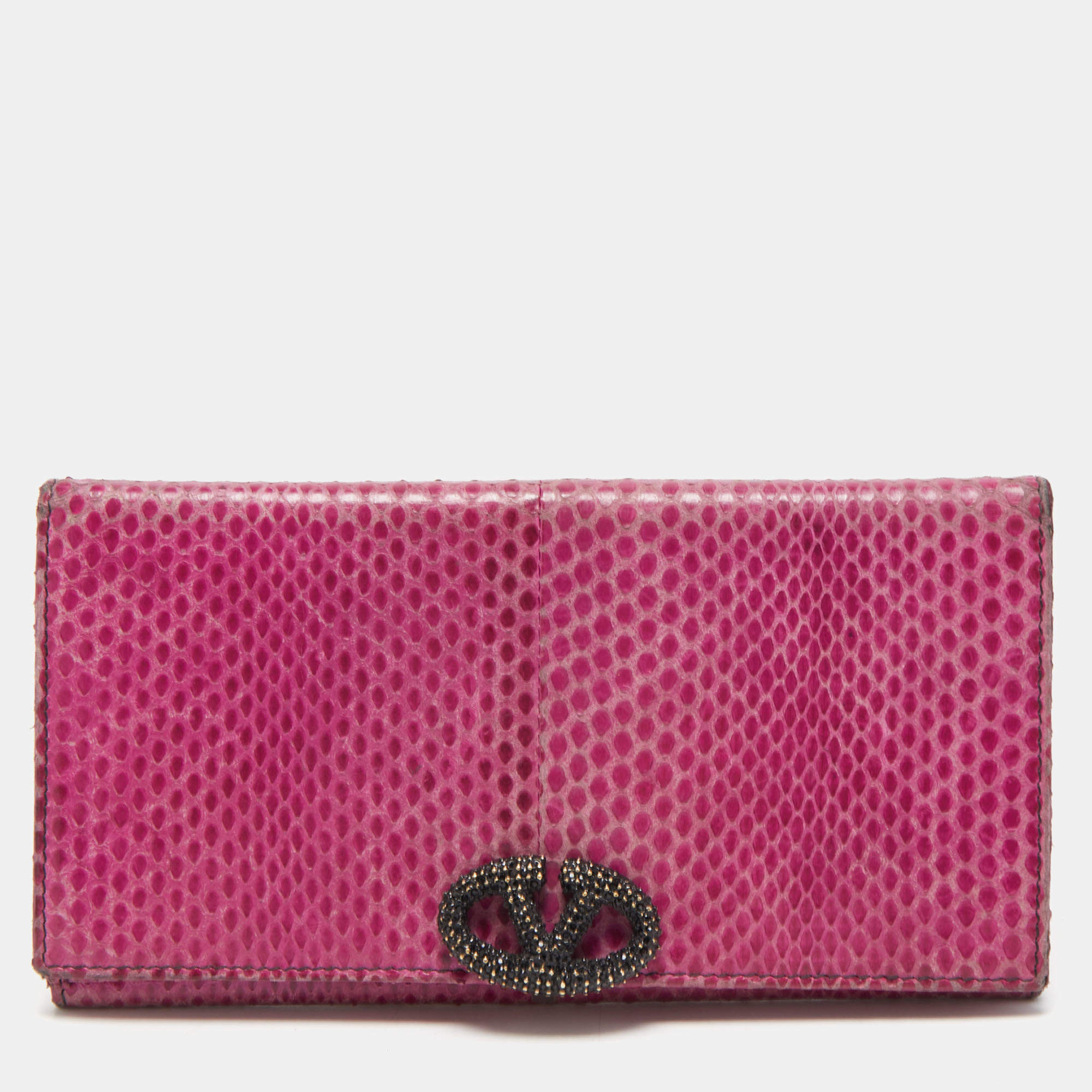 Pre Owned Valentino Fuchsia Snake Leather Crystal Catch Flap Wallet