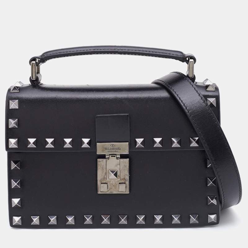 Valentino Black Leather Flap Rockstud Top Handle Bag
