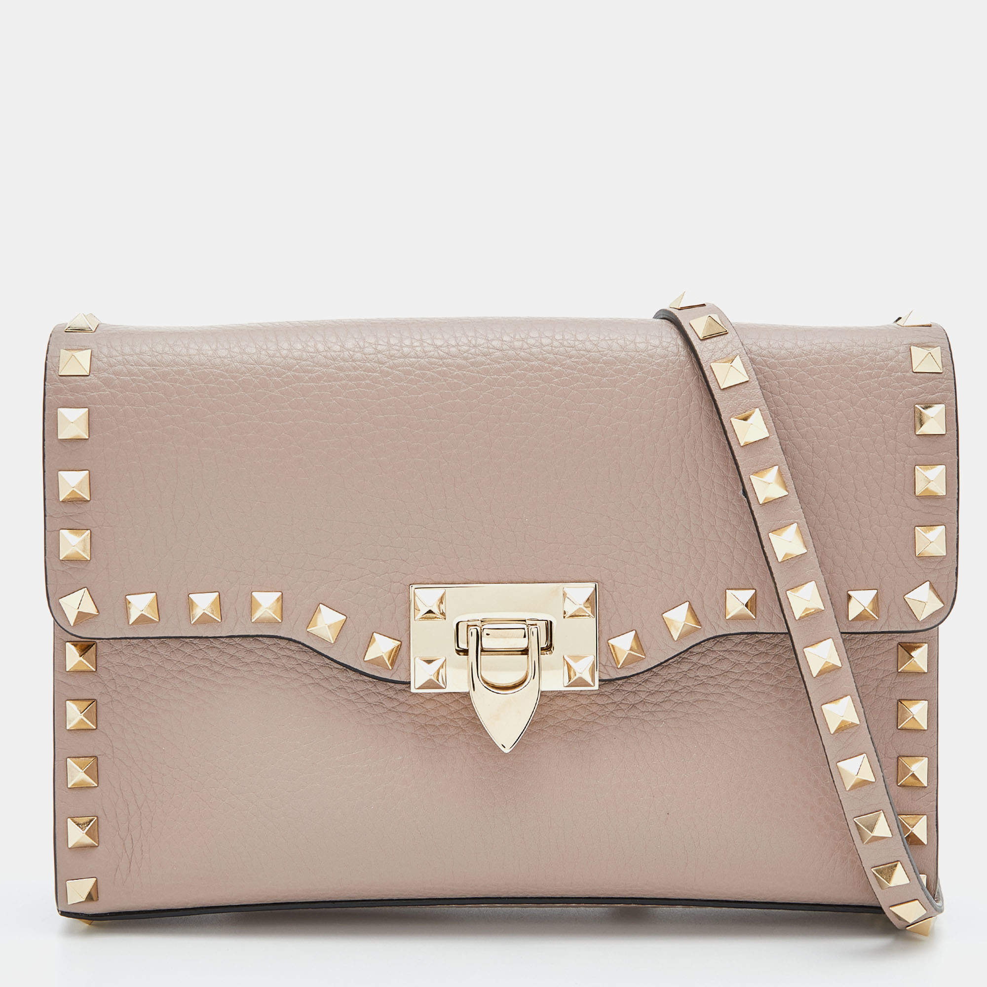 Pre Owned Valentino Pink Leather Rockstud Flap Crossbody Bag