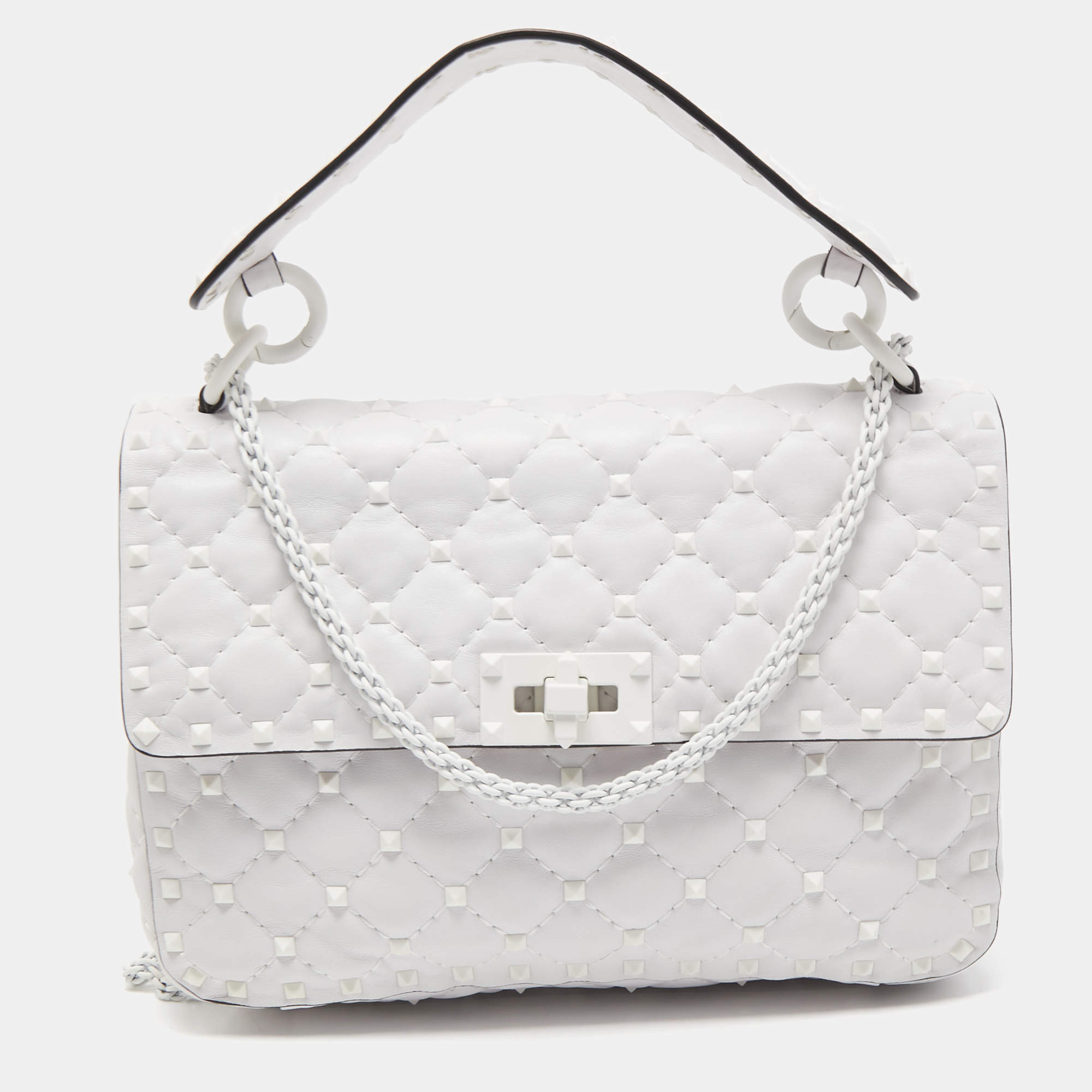Pre Owned Valentino White Leather Rockstud Spike Top Handle Bag
