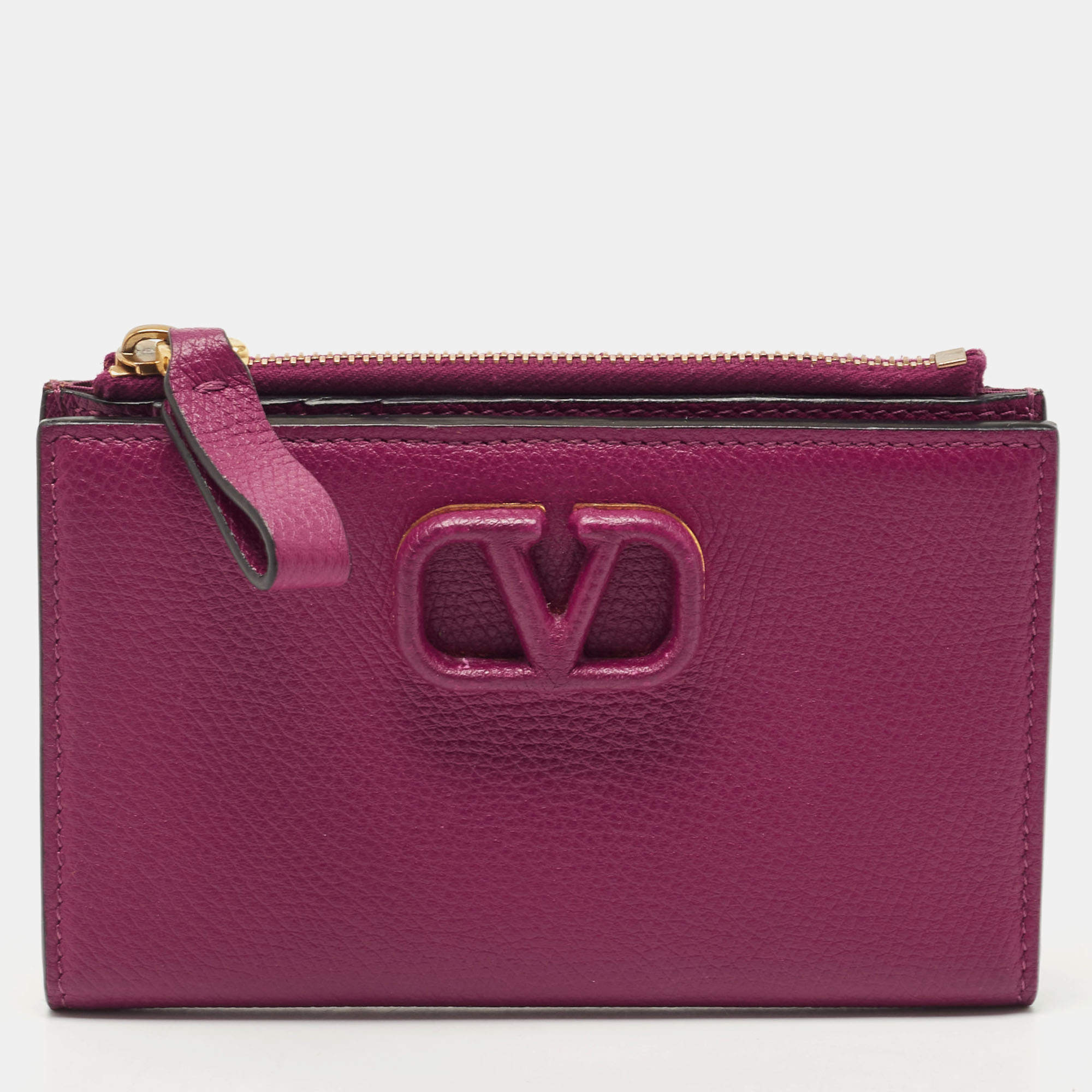 Pre Owned Valentino Burgundy Leather VLogo Bifold Card Case