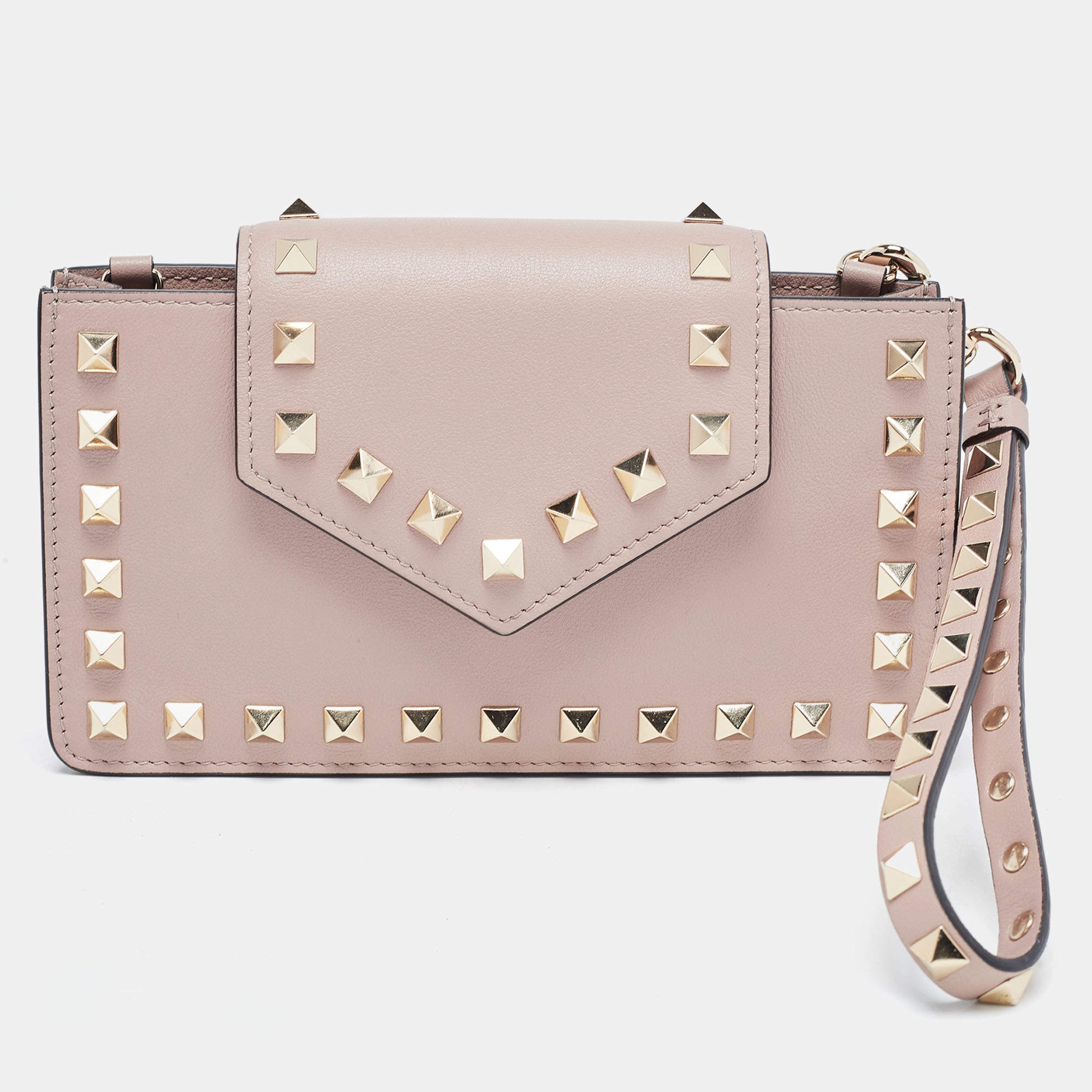 Pre Owned Valentino Beige Leather Rockstud Phone Wristlet Pouch