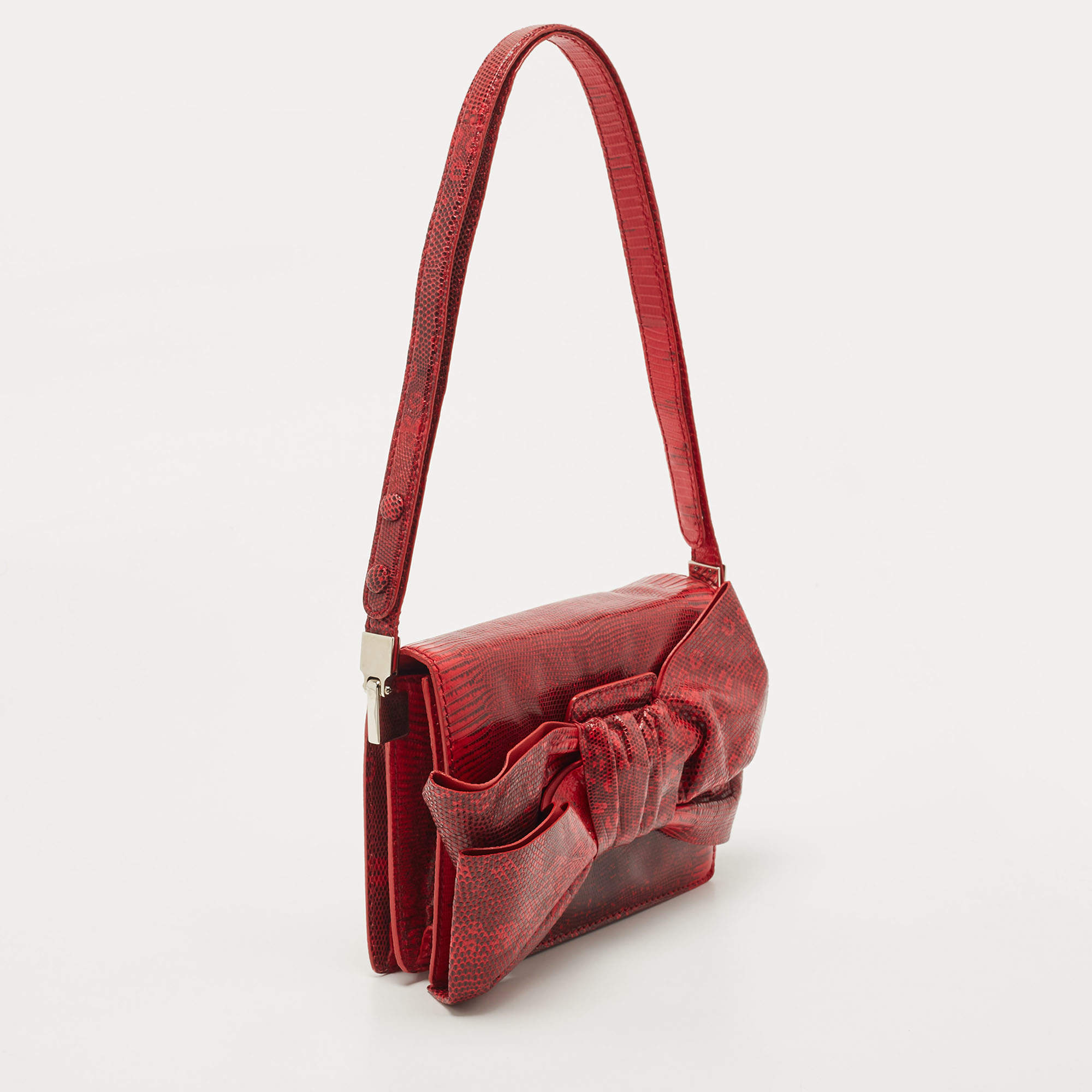 Valentino Red Lizard Bow Flap Shoulder Bag Valentino