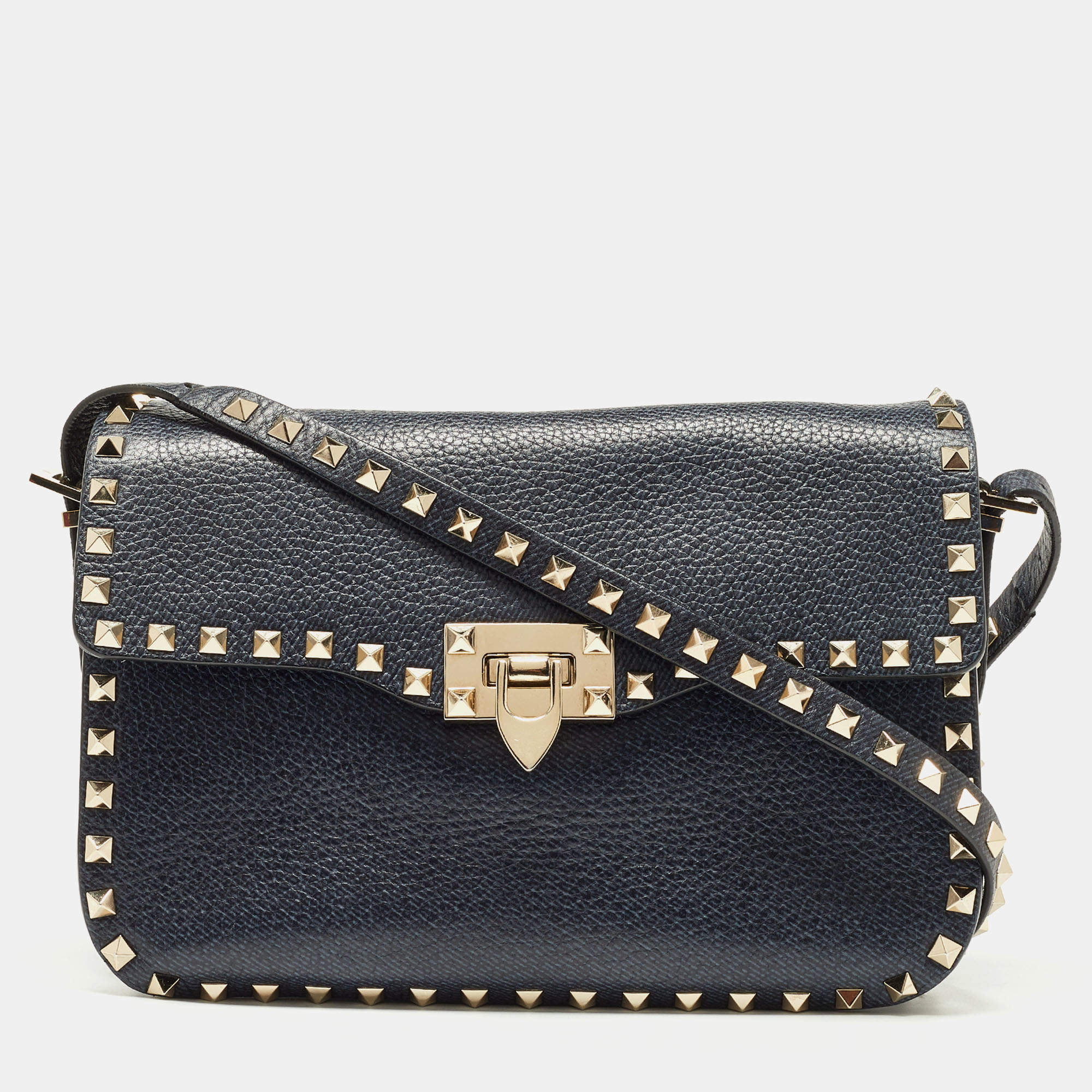 Pre Owned Valentino Blue Grain Leather Medium Rockstud Flap Shoulder Bag