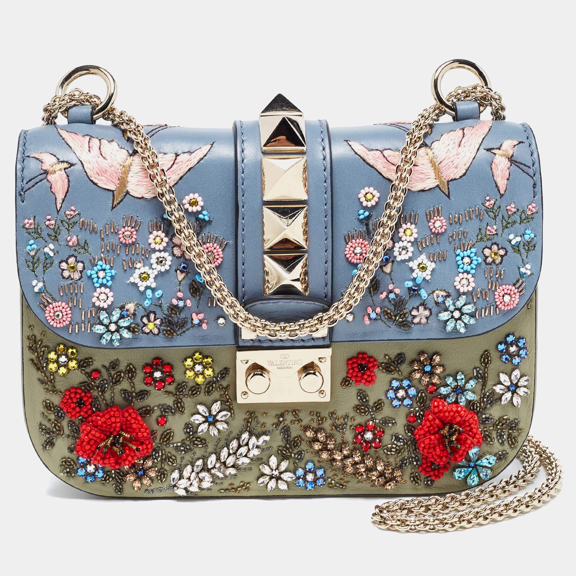 Valentino Multicolor Leather Floral Embroidered Rockstud Glam Lock Flap Bag Valentino |