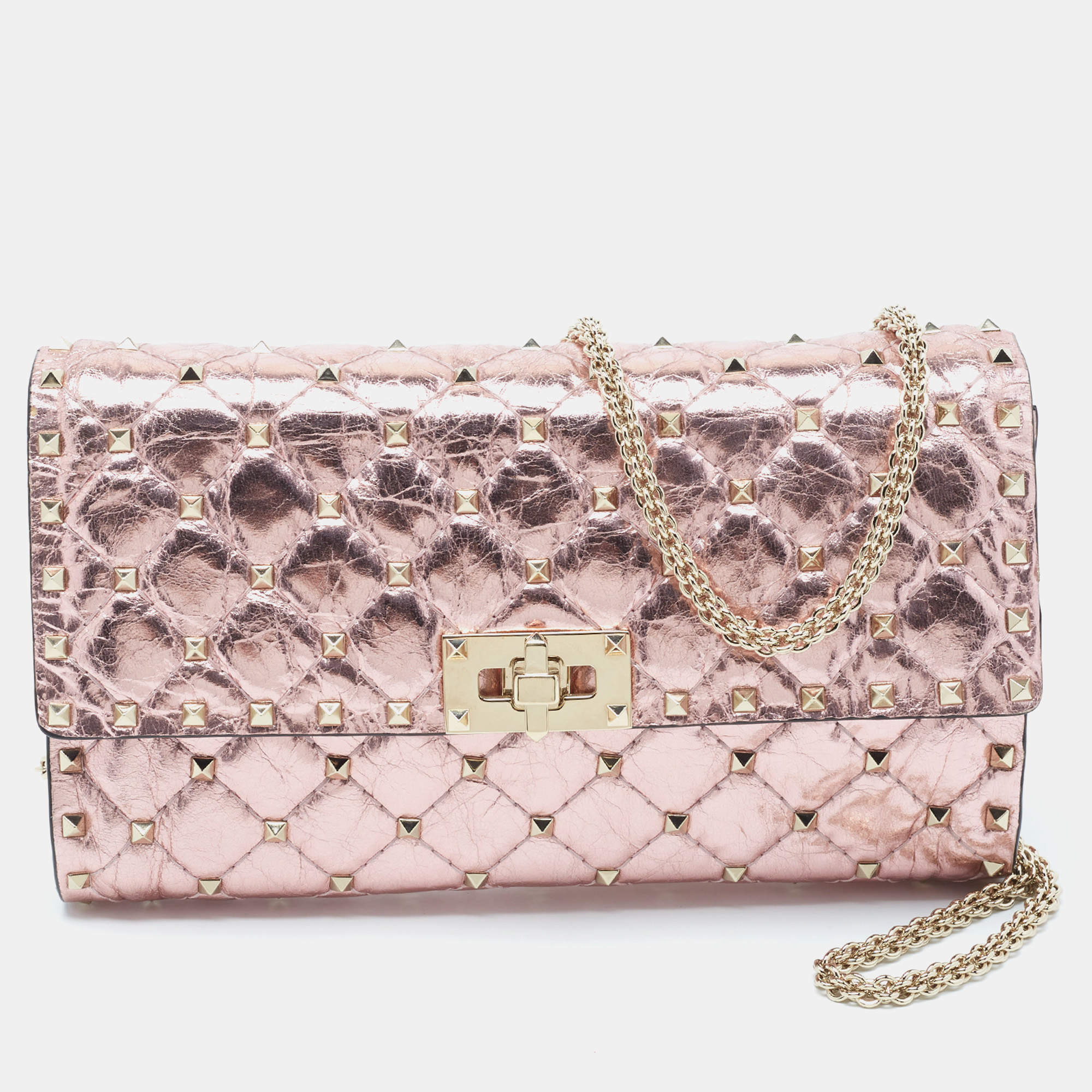 Pre Owned Valentino Metallic Rose Quilted Leather Rockstud Spike Chain Clutch 