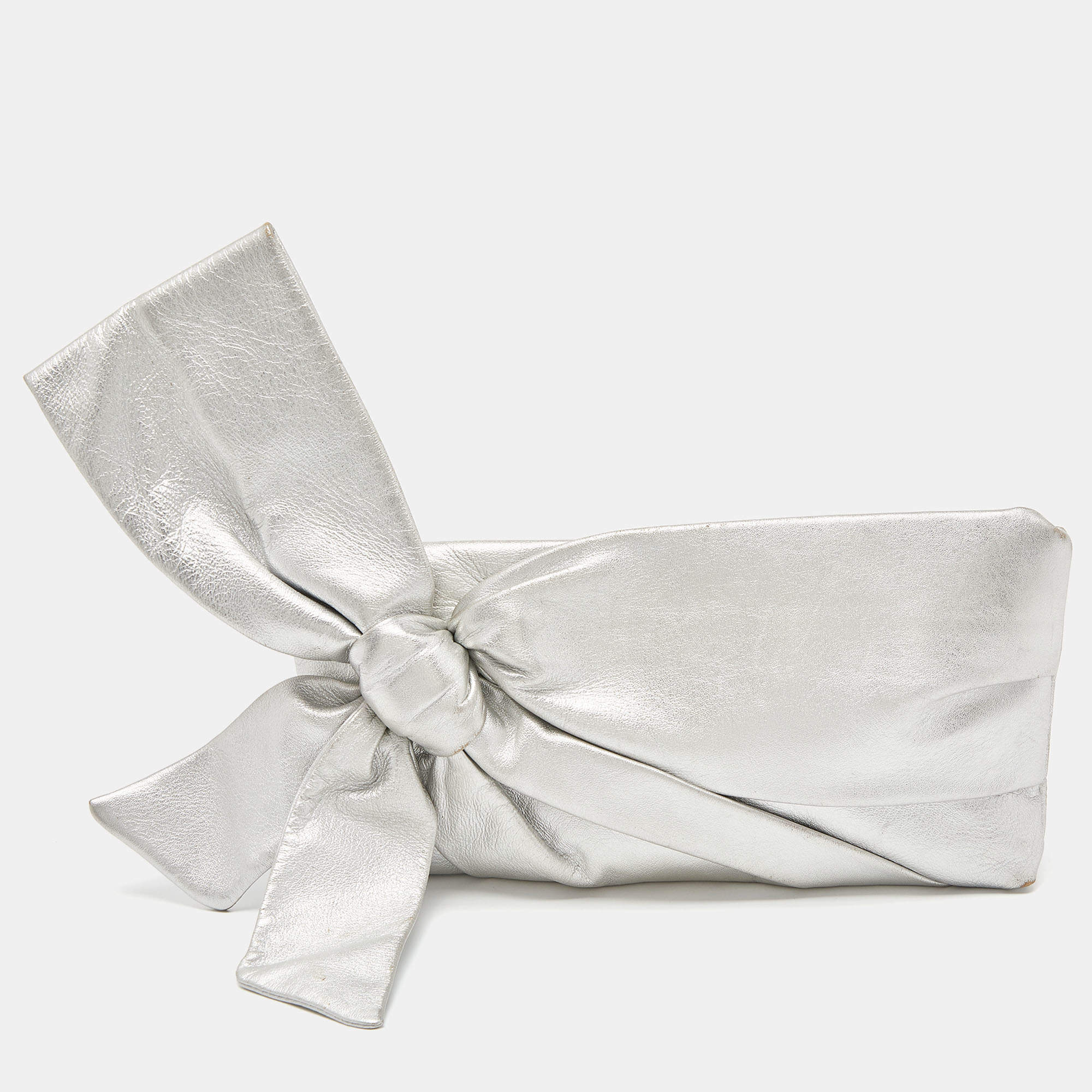 Pre Owned Valentino Silver Leather Bow Slim Clutch