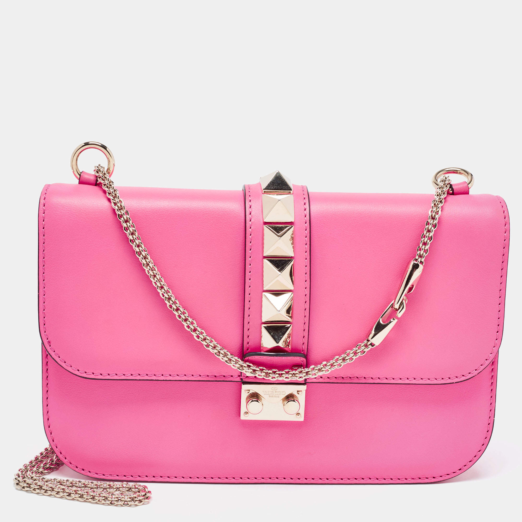 64699 auth VALENTINO pink leather CRYSTAL EMBELLISHED GLAM LOCK SMALL Bag