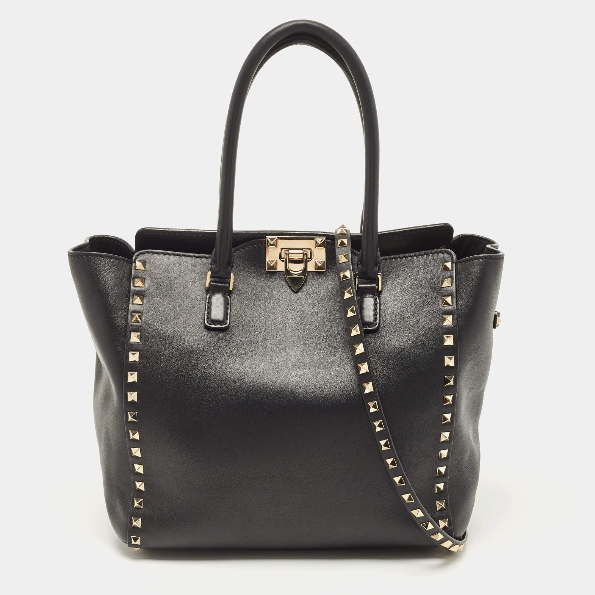 Valentino Black Leather Rockstud Trapeze Tote