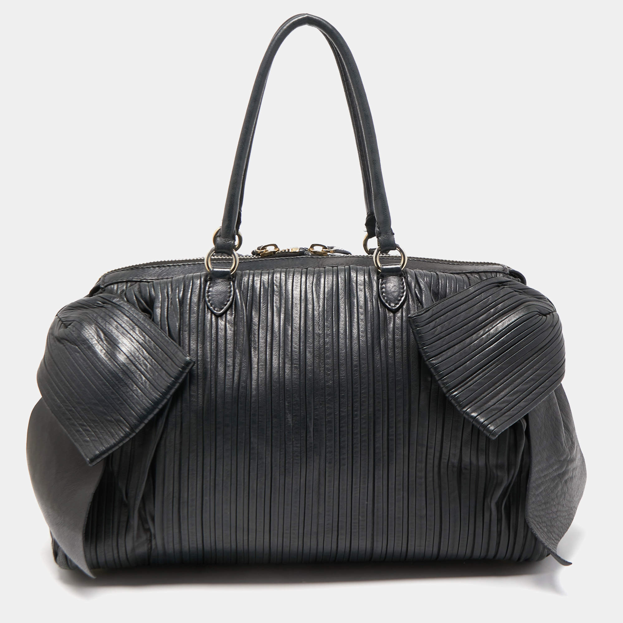 Pre Owned Valentino Black Pleated Leather Side Bow Satchel