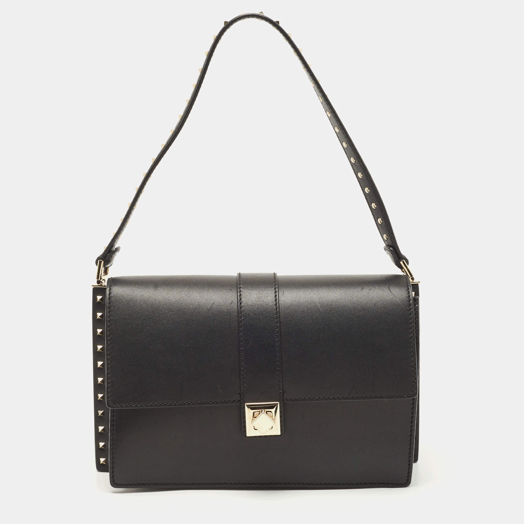 Pre Owned Valentino Black Leather Studded Flap Shoulder Bag