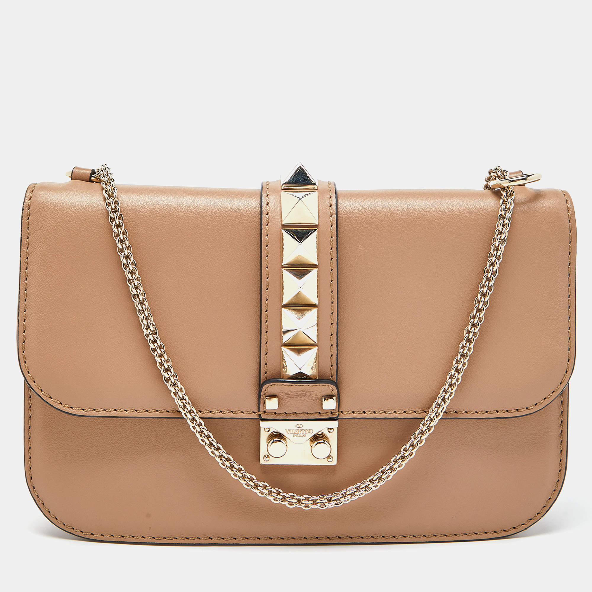 Pre Owned Valentino Beige Leather Medium Rockstud Glam Lock Flap Bag