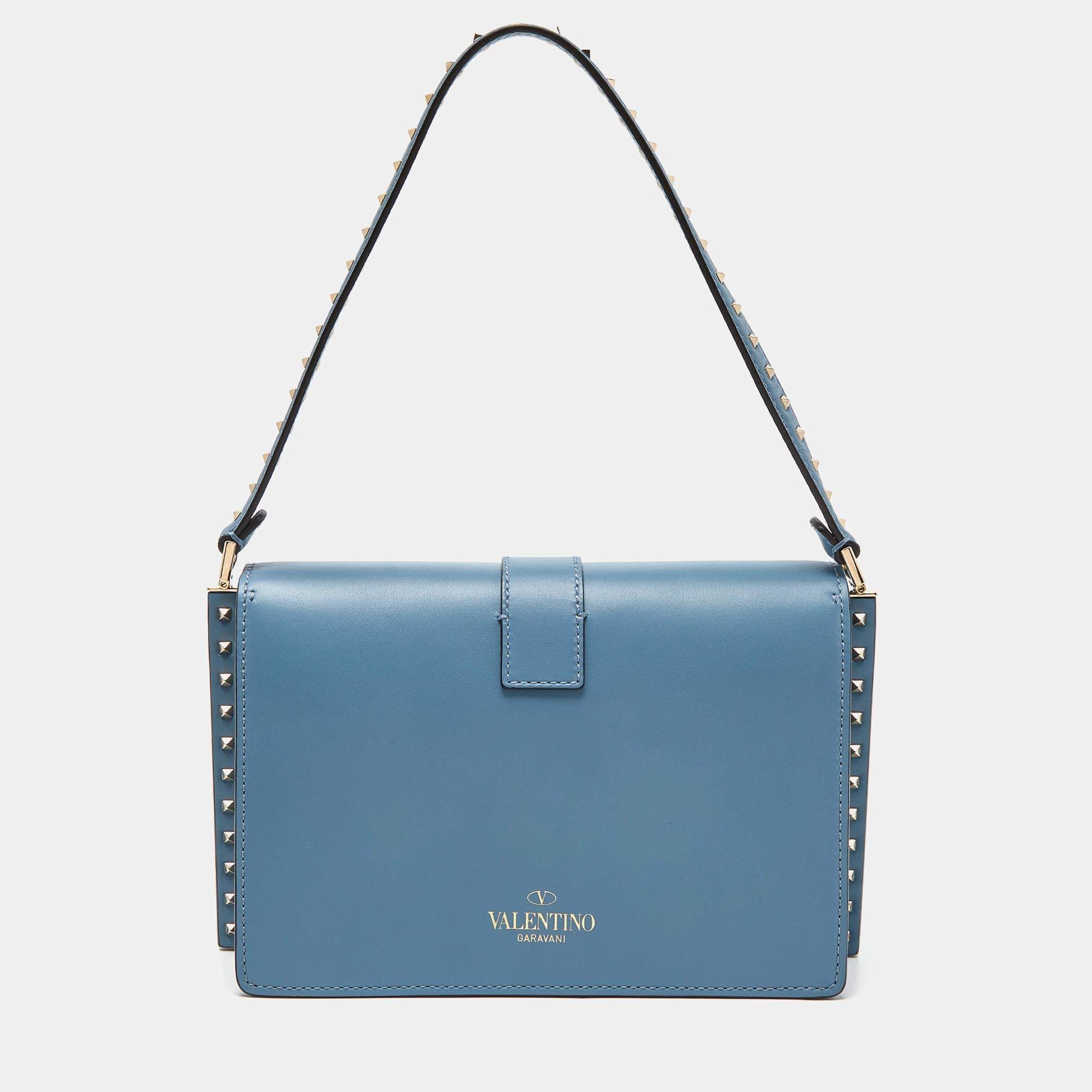 Valentino Garavani Blue Leather Rockstud Flat Shoulder Bag Valentino